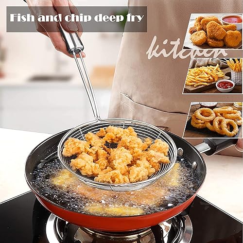 Miniatura 6 de Cuchara espumadera de araña, juego de 3 tamaños, cuchara para freír acero inoxidable, cuchara coladora de alambre con mango largo para cocina,