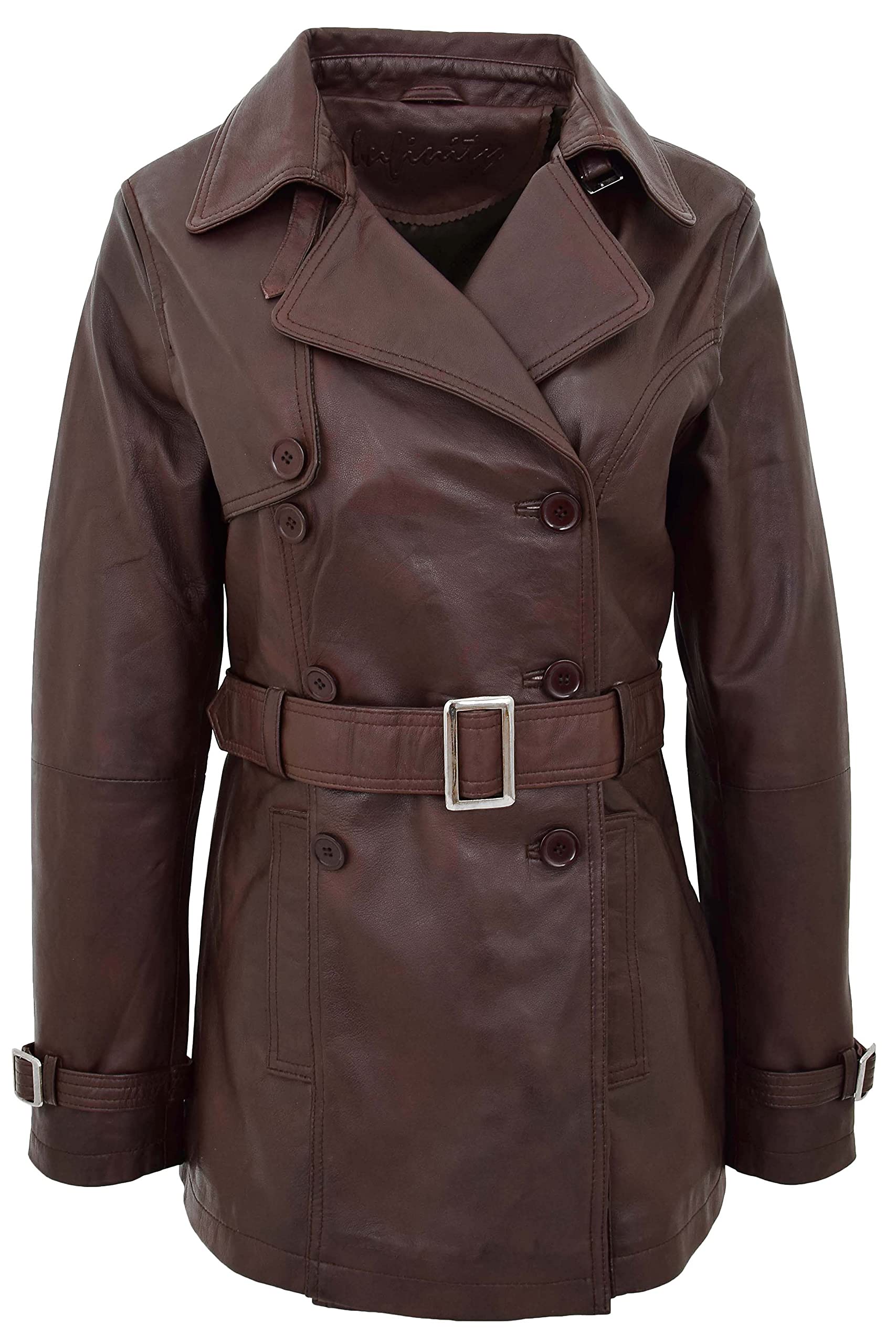 House of Leather Sienna Real Leather Double Breasted Trench Coat - Brown - Size 20