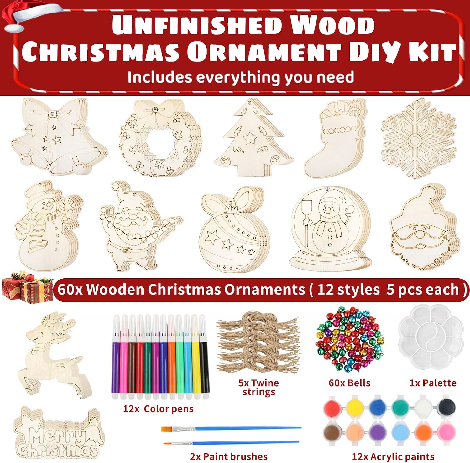 60 PCS Unfinished Wooden Christmas Ornaments to Paint 12 Styles Wood Ornaments for Crafts, DIY Christmas Tree Ornaments Craft Kit for Kids with Bells, Color Pens and Paint Set, Christmas Ornaments Set