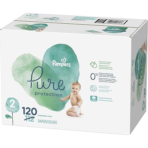 Diapers Size 2, 120 Count - Pampers Pure Protection Disposable Baby Diapers, Hypoallergenic and Unscented Protection, Enormous Pack (Packaging & Prints May Vary)