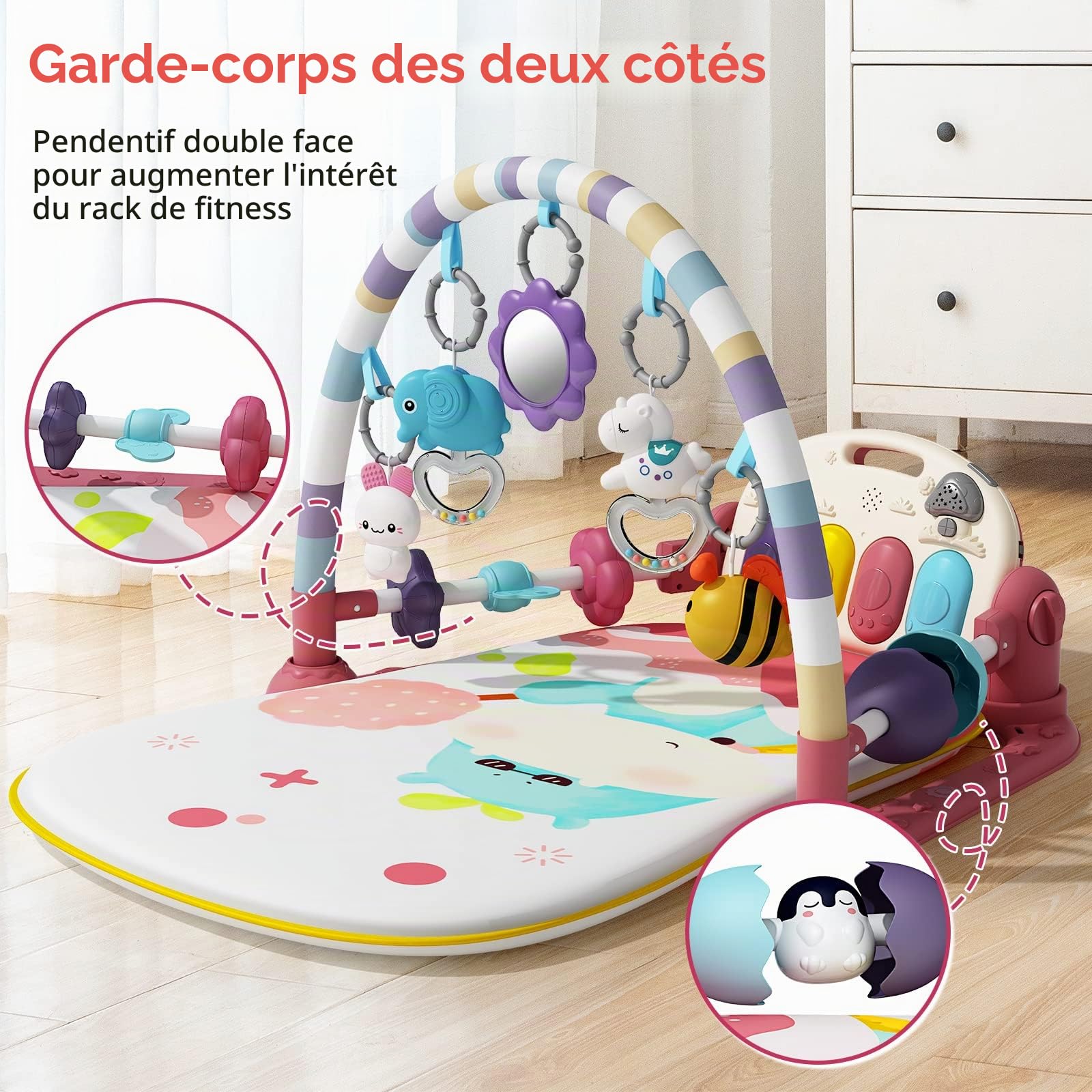 Jovow Tapis d'éveil Bébé avec Piano, Tapis de Rampement pour Bébé avec Lumières et Musique, Tapis de Jeu pour Bambine avec Arche de Jeu et Jouets Amovibles, Cadeau pour bébé de 0 à 36 Mois