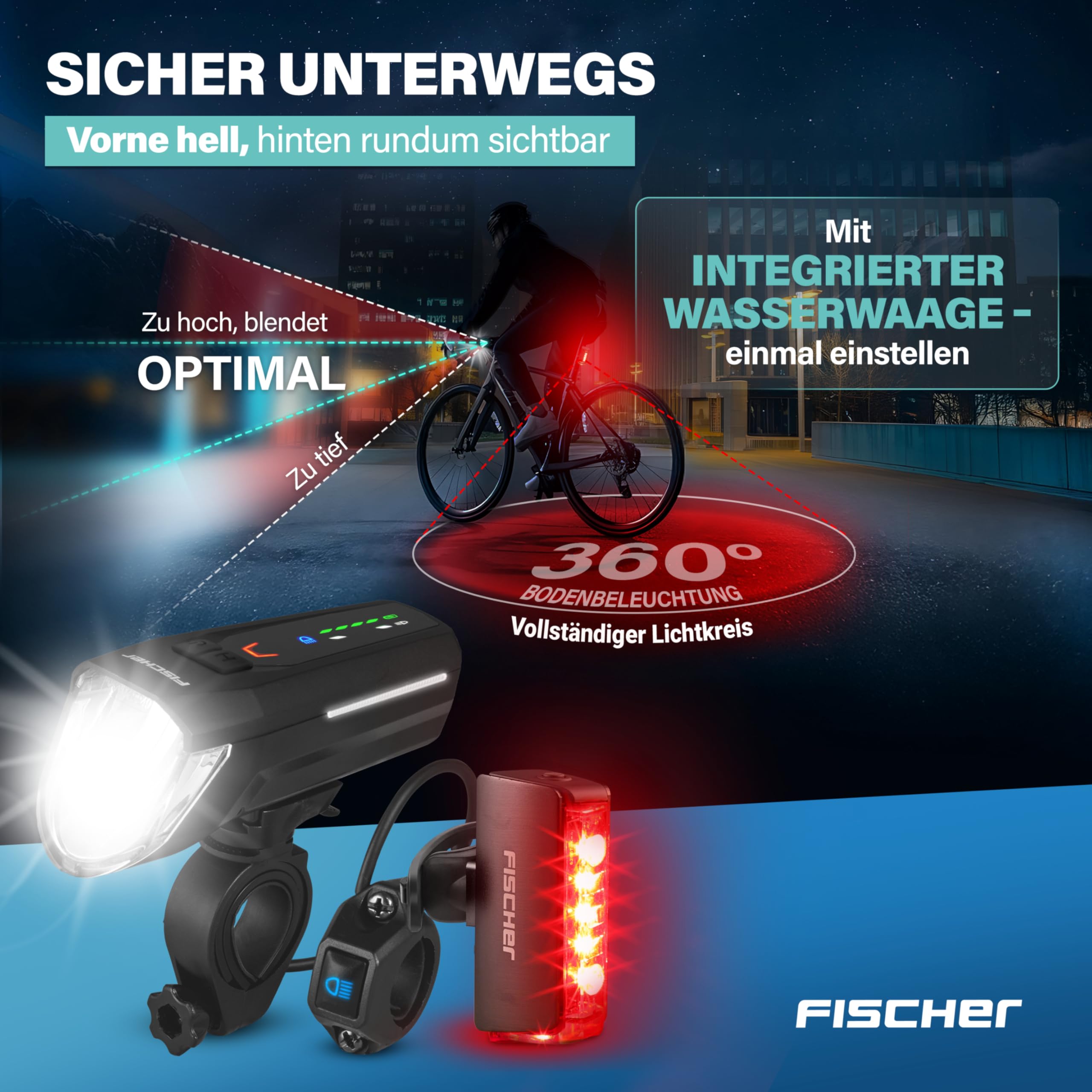 Fischer Fahrrad LED-Akku Beleuchtungs-Set Twin Stop 100 Lux, mit Sensormodus, Lange Leuchtdauer, stabiles Aluminium-Gehäuse, schwarz, 1 Stück