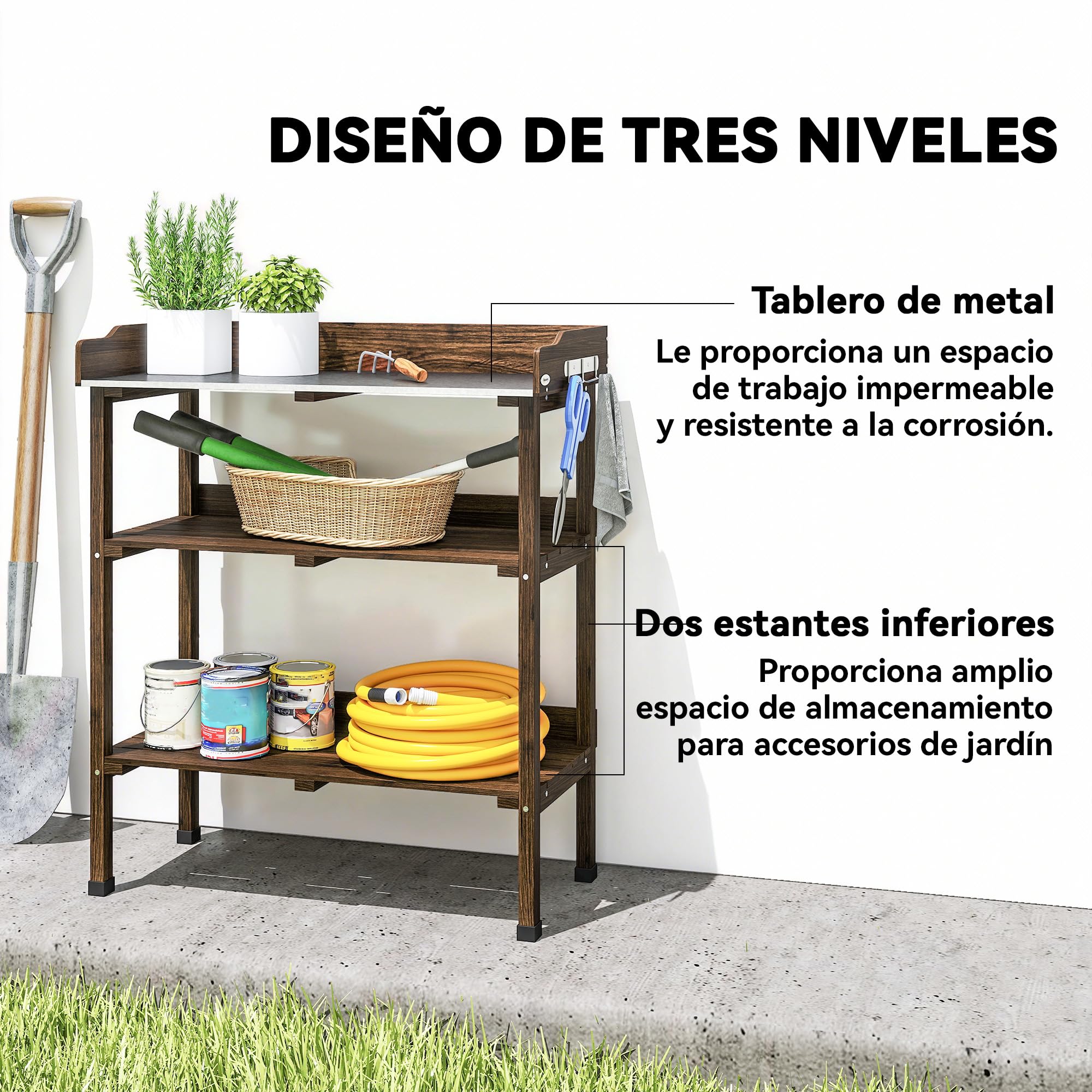 Outsunny Mesa de Plantación de Madera de 3 Niveles, Mesa de Jardinería con Placa Metálica, 2 Estantes y Ganchos, Resistente a la Intemperie, para Jardín, Terraza, Balcón, 76x37x89 cm, Carbonizado