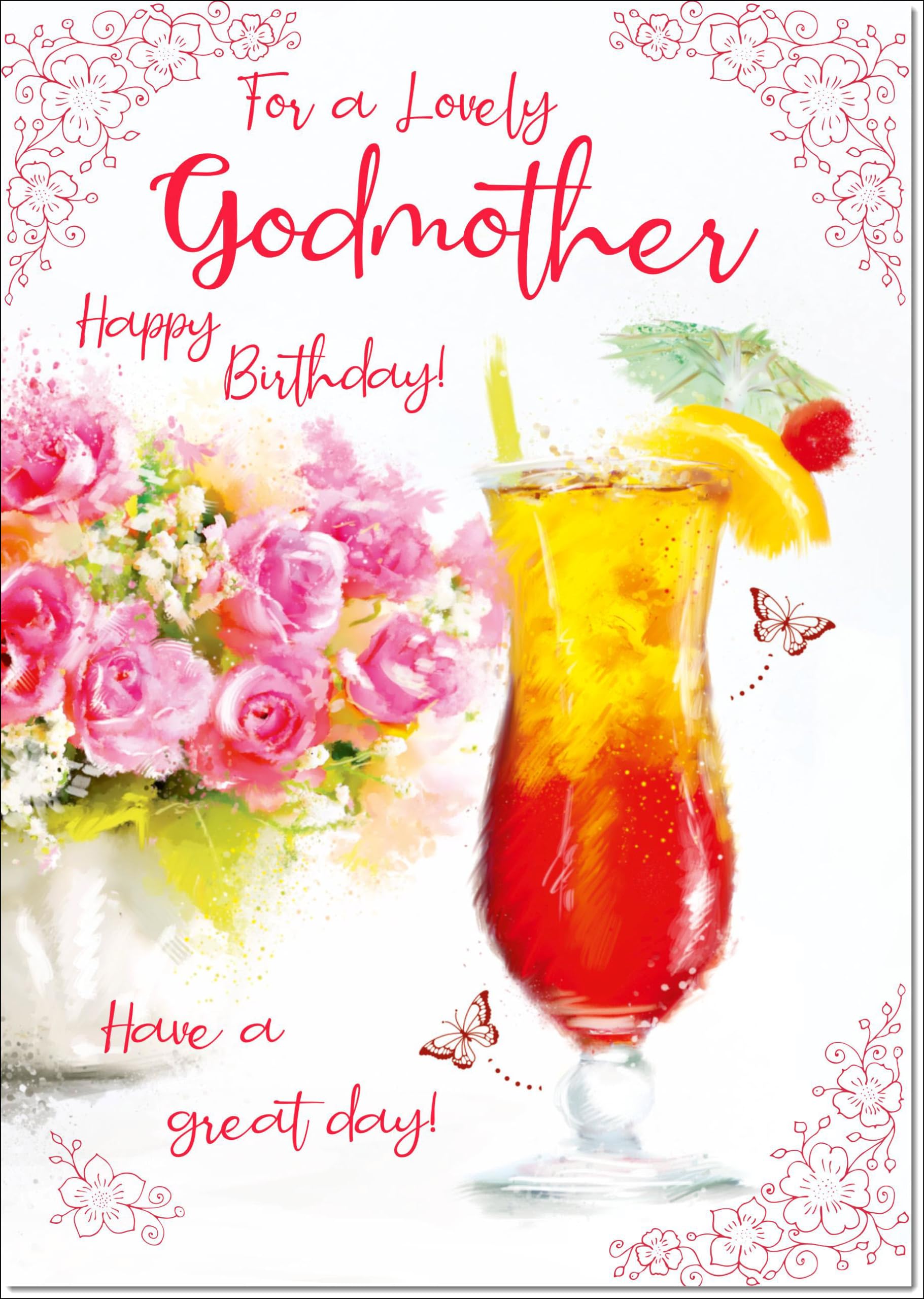 doodlecards Godmother Birthday Card Floral Cocktail Large A4 Size with Plain Envelope