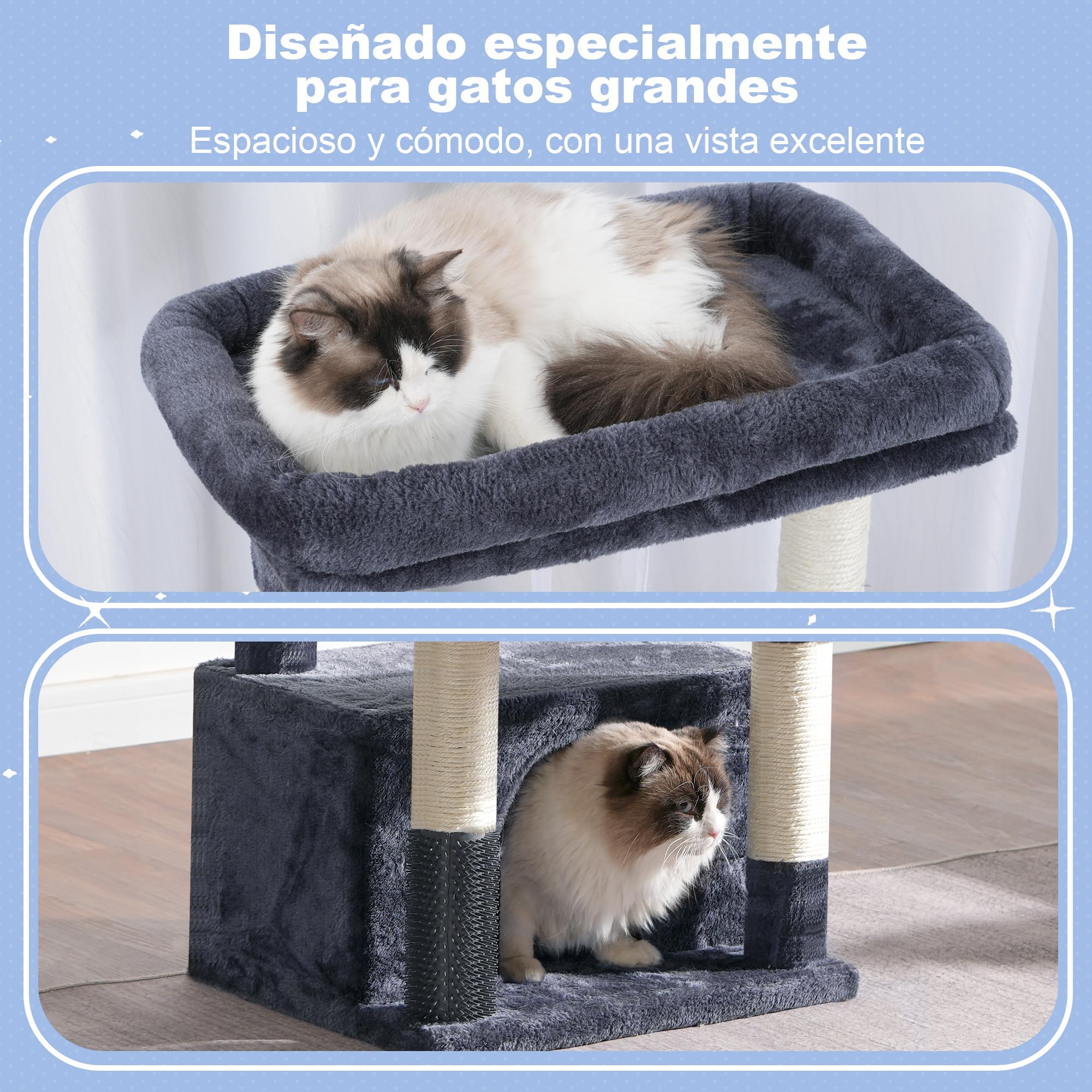 Hey-brother Árbol para Gatos, Rascador para Gatos Grandes y Maine Coons, multinivel Estable con 2 Amplio Plataformas, 2 cestas, Cueva Grande y Máquina peinadora, Gris Humo EMPJ070G