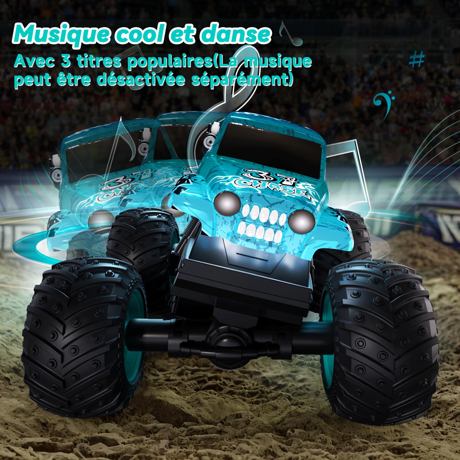 Halloween Monster Truck avec télécommande, camion monstre 1/20 avec marche verticale et rotation à 360°, 20 km/h, voiture télécommandée avec lumière LED et musique, jouets d'Halloween, cadeaux