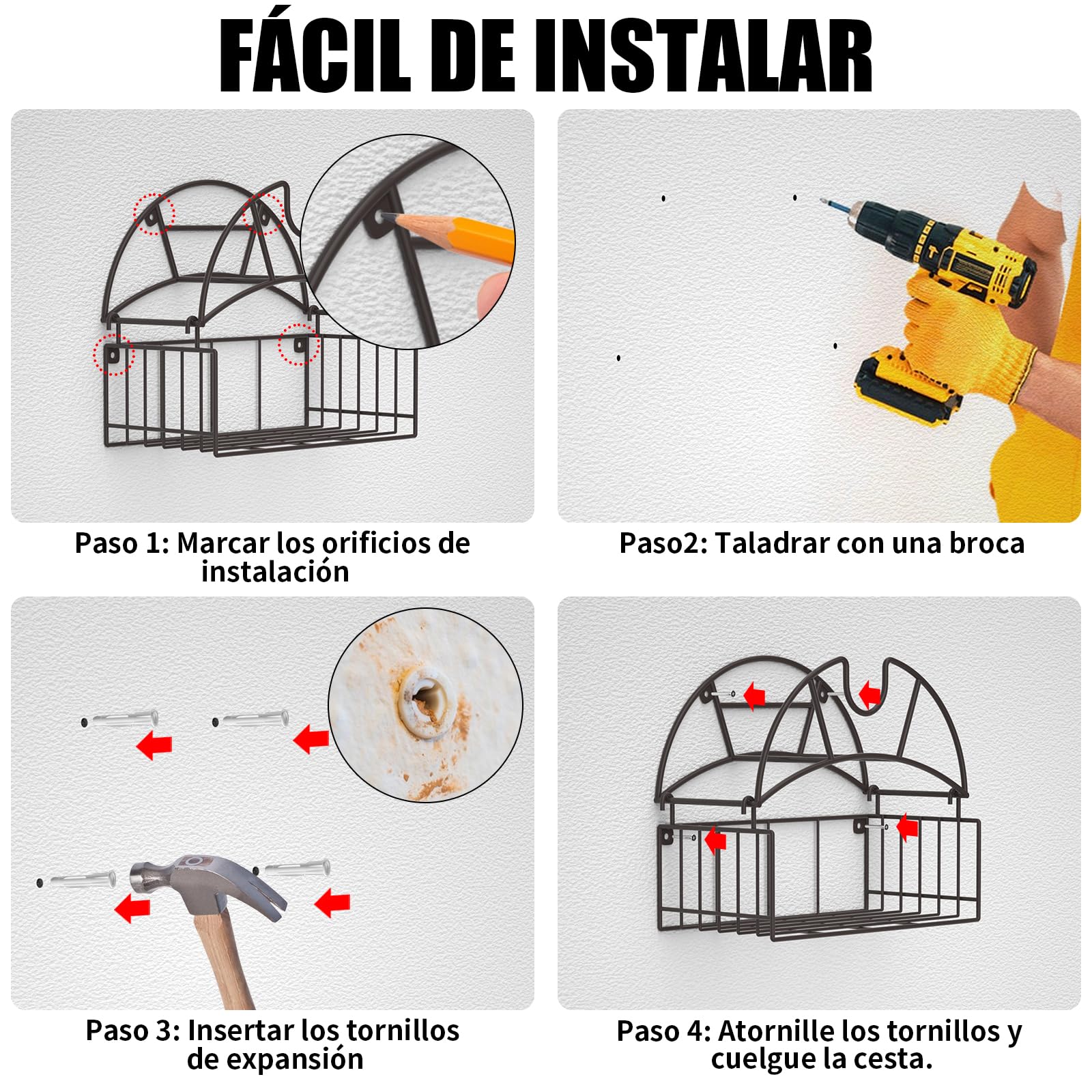 Soporte para manguera de jardín, soporte para manguera de agua de montaje en pared con cesta de almacenamiento de herramientas, soporta hasta 150 pies, organizador de manguera para patio exterior