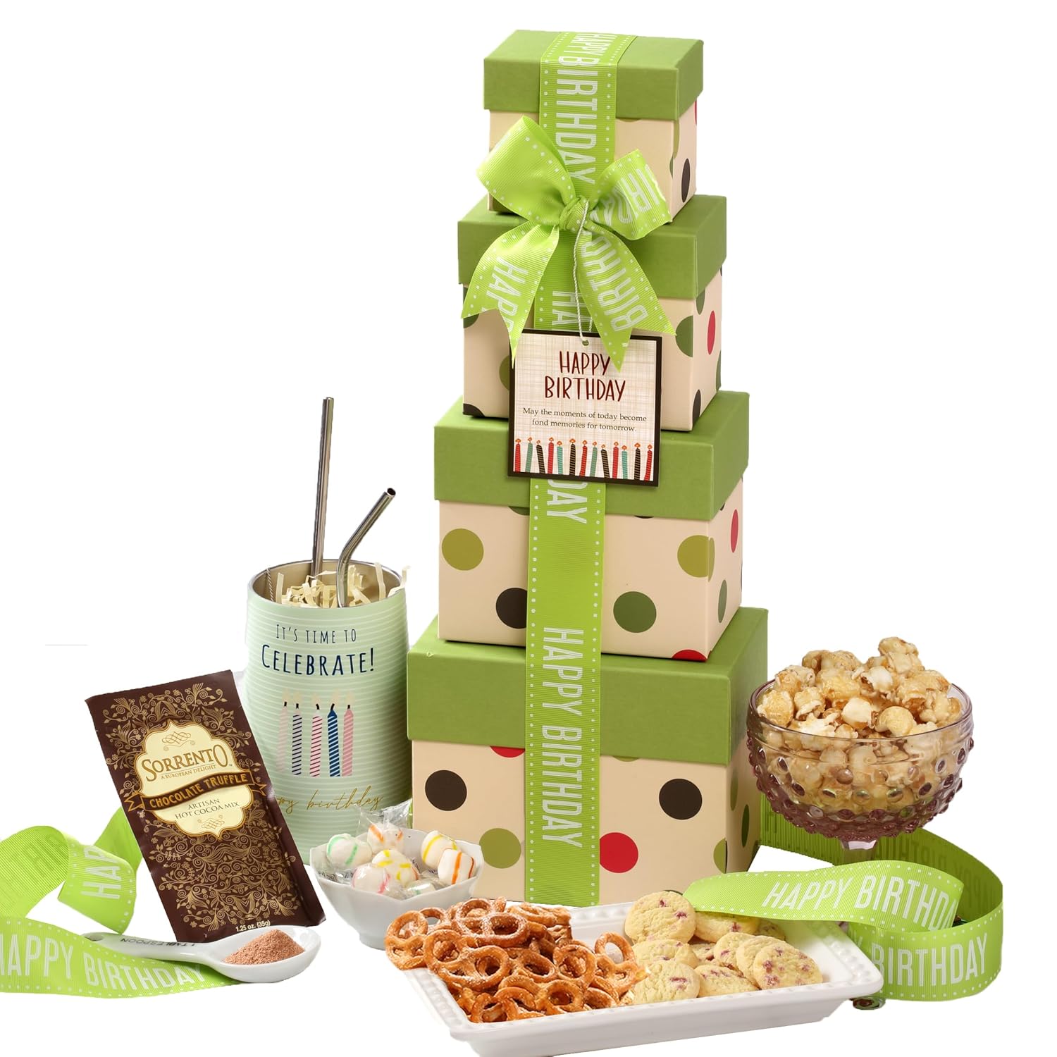 Birthday Gift Basket Tower with Large 16oz. Insulated Gift Mug. Share The Fun With Happy Birthday Gift Tower Filled with Chocolates, Sweets, and Truffle Cocoa. Perfect for Mom, Dad, & Friends
