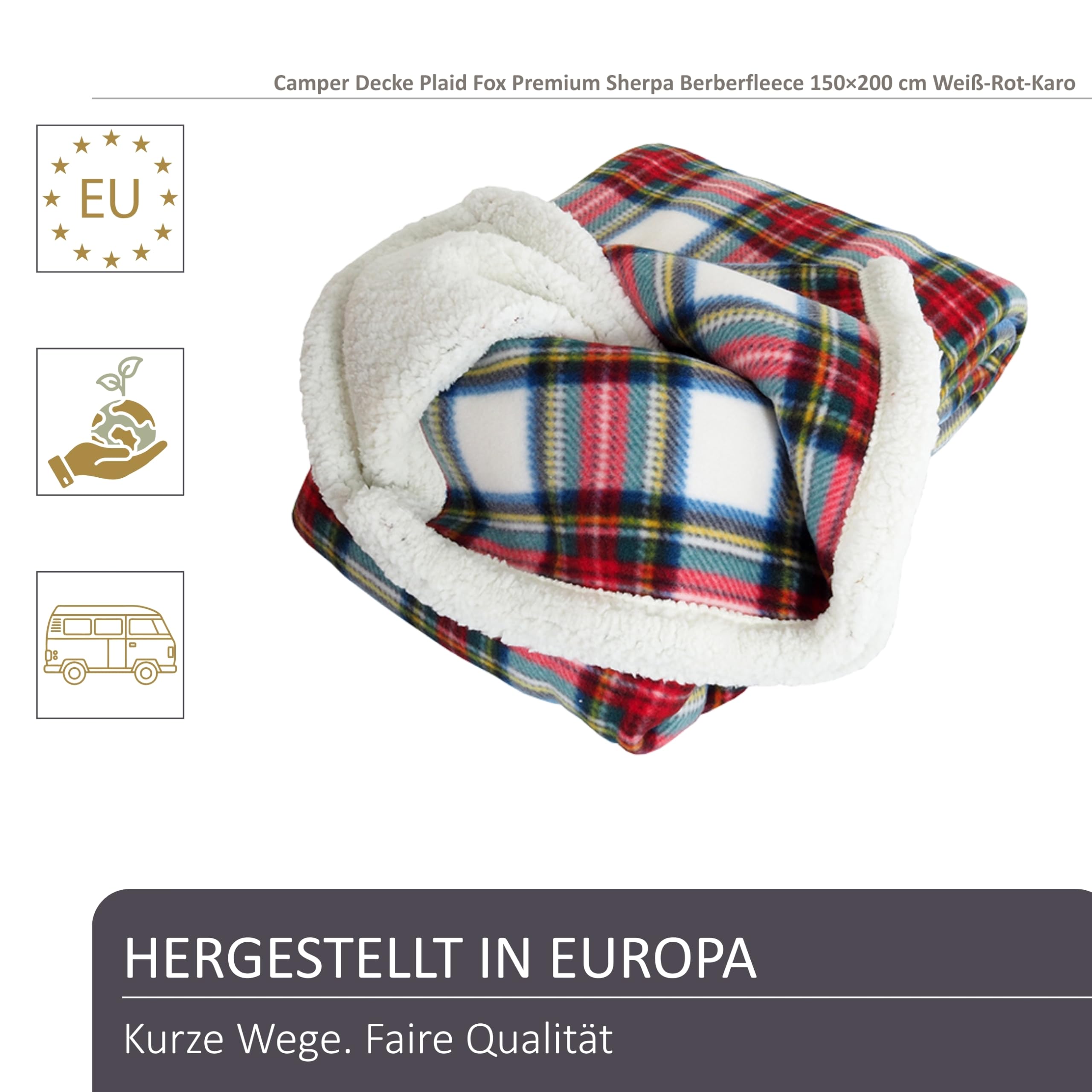 Camper Decke Plaid Fox Premium Sherpa Berberfleece 150×200 cm Weiß-Rot-Karo