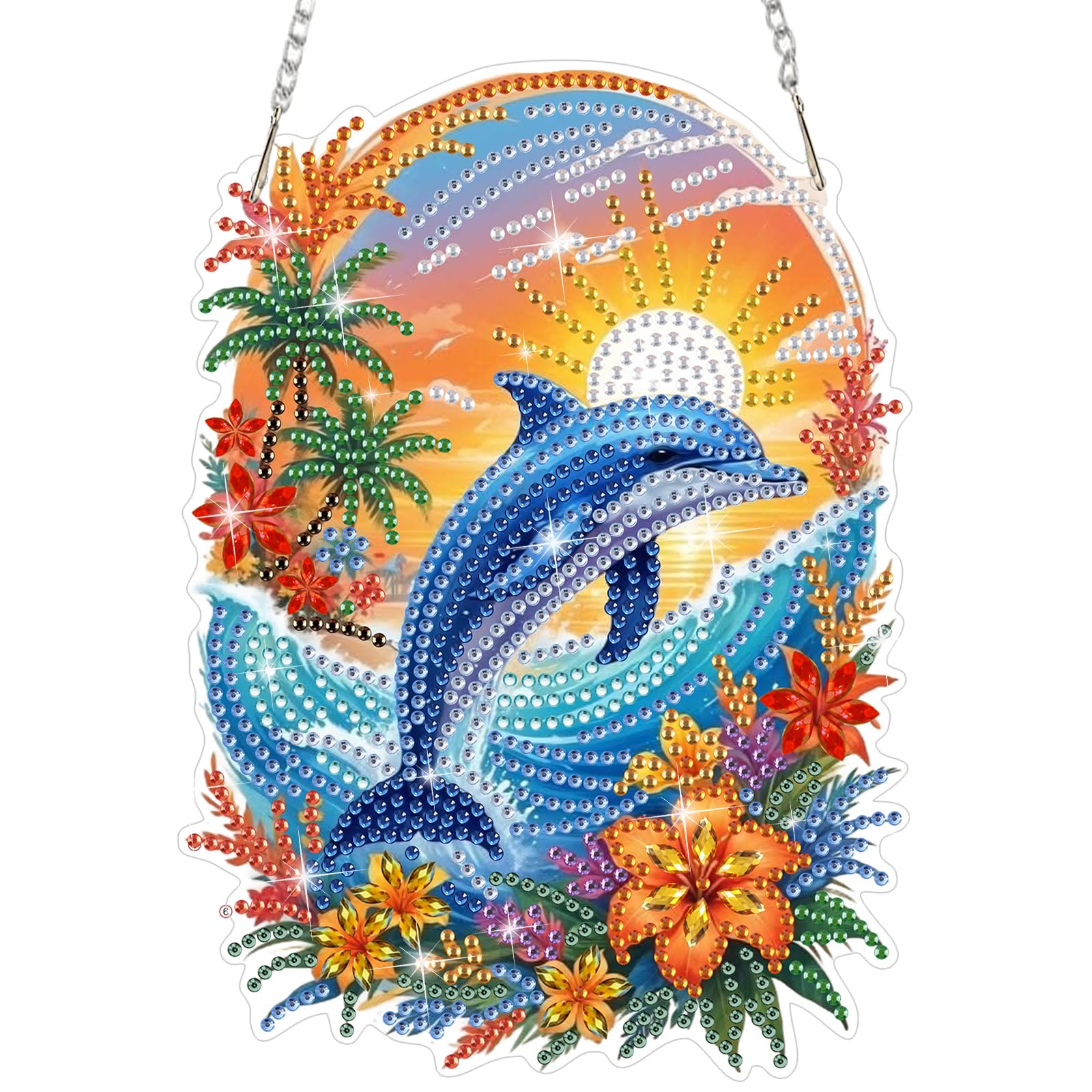 HEIBAGO Dolphin Hanging Diamond Art Kits for Adults, DIY Sunset Diamond Painting Hanging Pendant with Chain,Special Shaped Diamond Painting Flowers Crystal Gem Art Ornament Craft for Home Decor