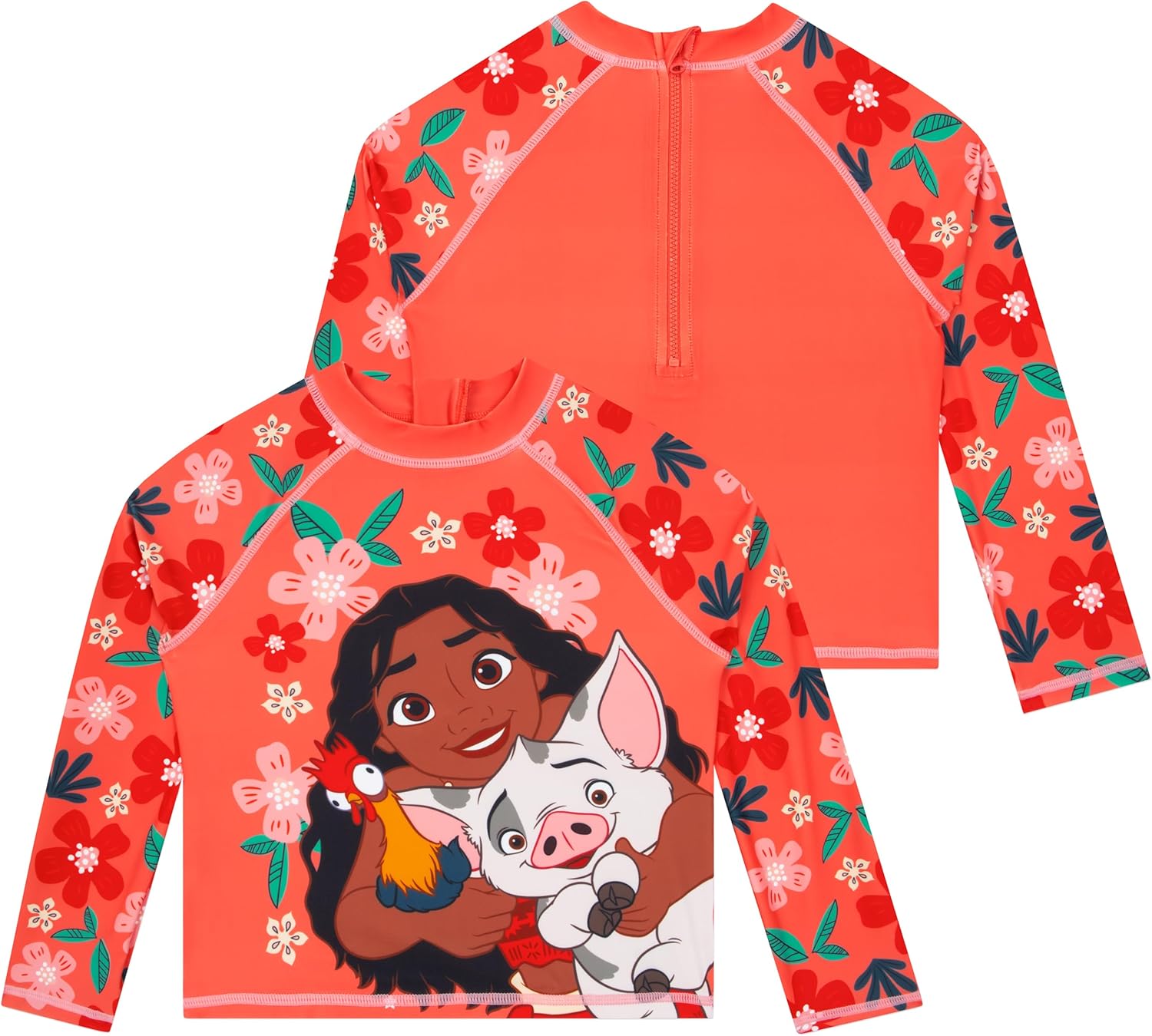 Disney Moana Girls Bathing Suit, Princess Girls Swimsuit, Long Sleeve Moana Swimsuit with Bows, Kids Bathing Suit