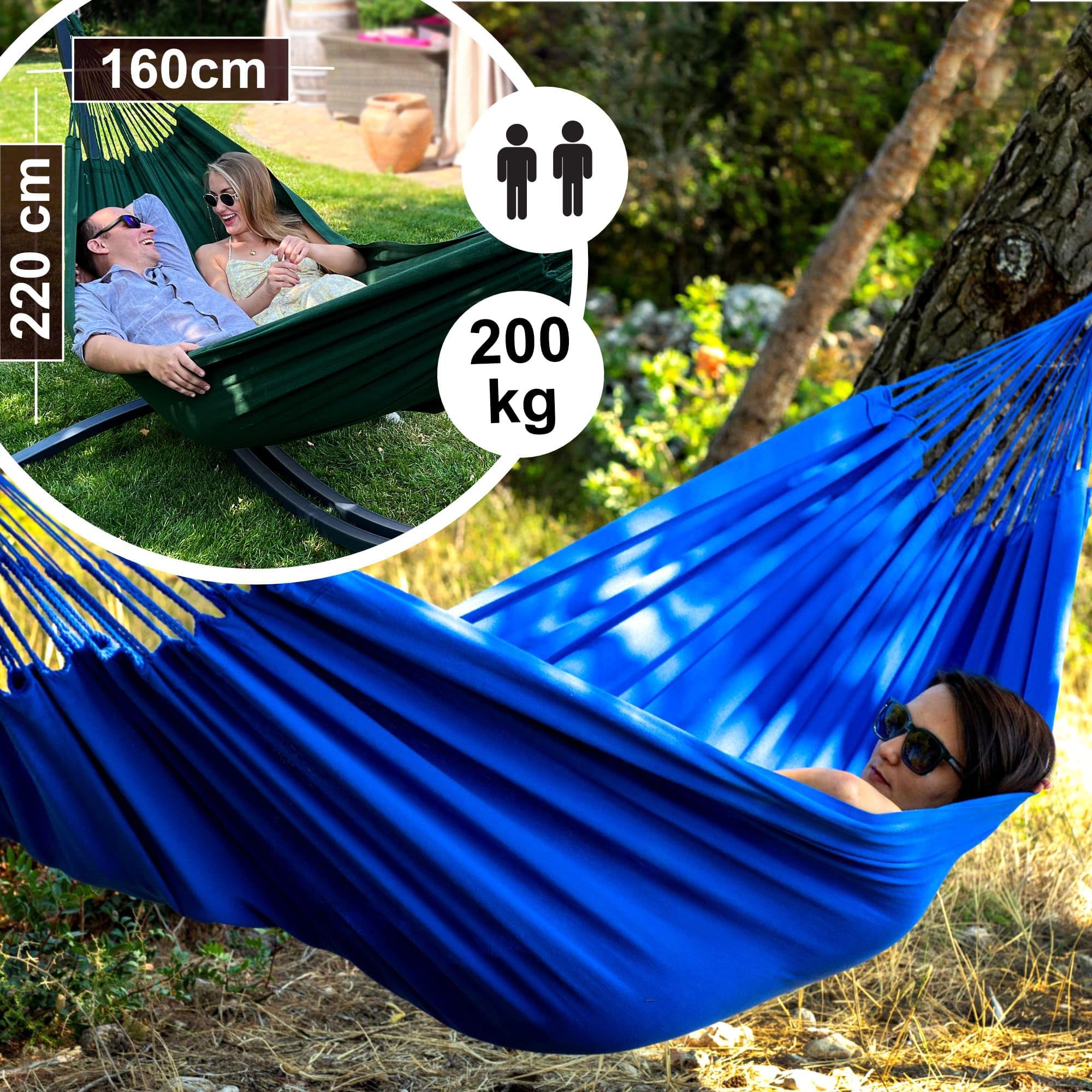Potenza Outdoor Hängematte mit Gestell für 2 Personen I Merida- Baumwolle Doppelhängematte XXL 220x160, 220kg I Hängemattengestell 220kg, wetterfest (Blau, Basic Gestell Graphit)