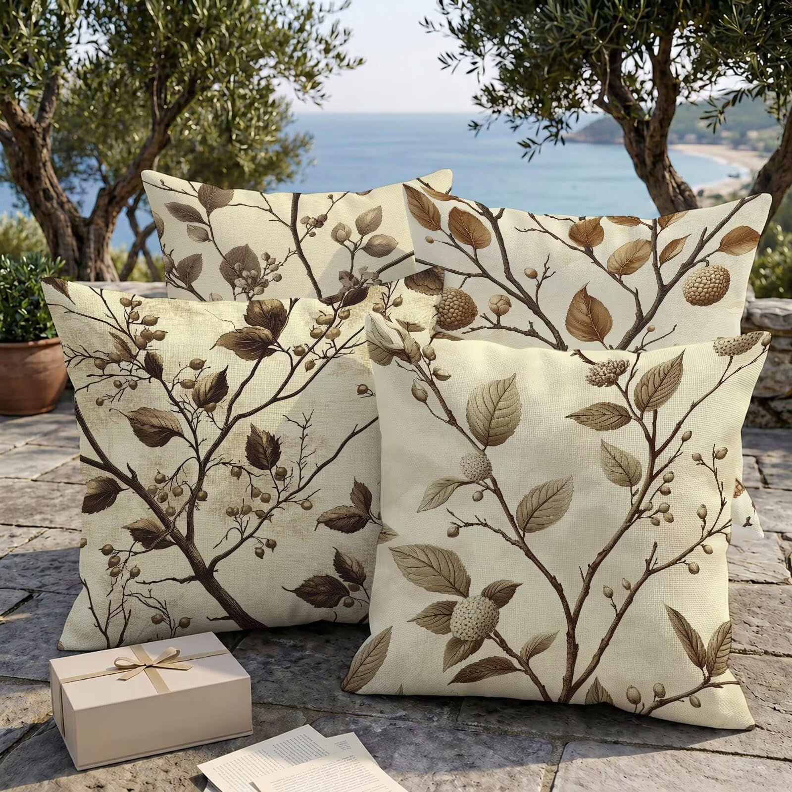 L-O406 Wodoodporne kremowe poszewki na poduszki 80 x 80 cm, zestaw 4 poszewek na poduszki w stylu retro, dekoracyjne poszewki na poduszki na kanapę, sofę, patio, meble ogrodowe, patio, kanapę