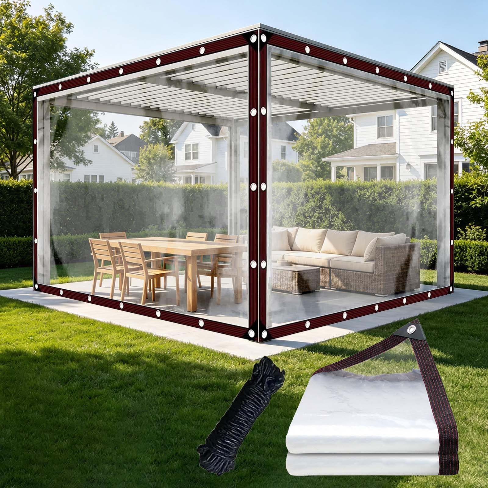 Clear Tarpaulin 170 x 210 cm Windproof Tear Resistant with Reinforced Edge Plastic Tarp Cover, Waterproof Cover for Garden Furniture for Pergola and Balconies, colorless