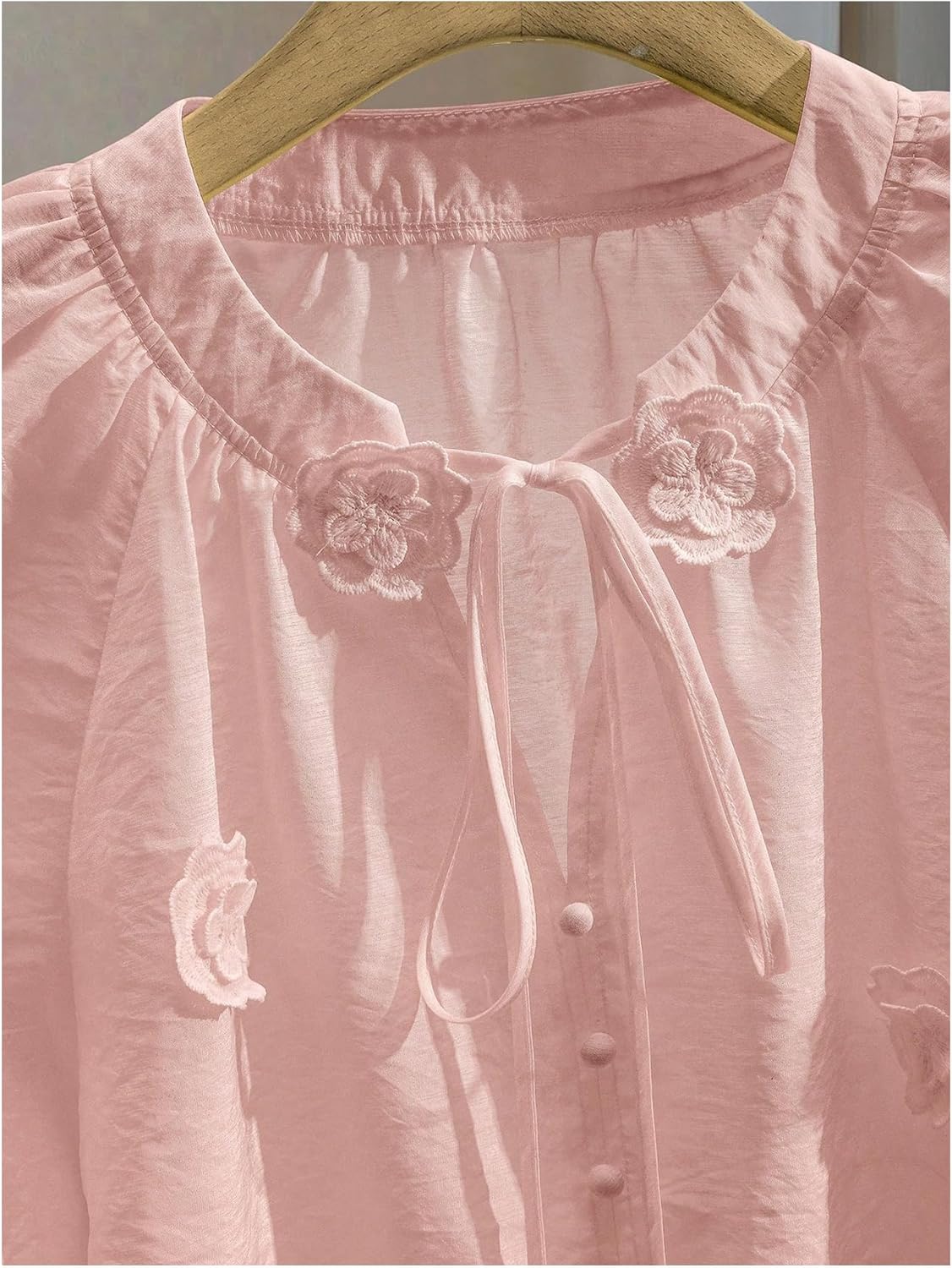 GORGLITTER Women's Boho Peasant Blouses Floral Embroidered Tops Summer Sheer Tie Front Flowy Long Sleeve Button Up Shirts - Image 4