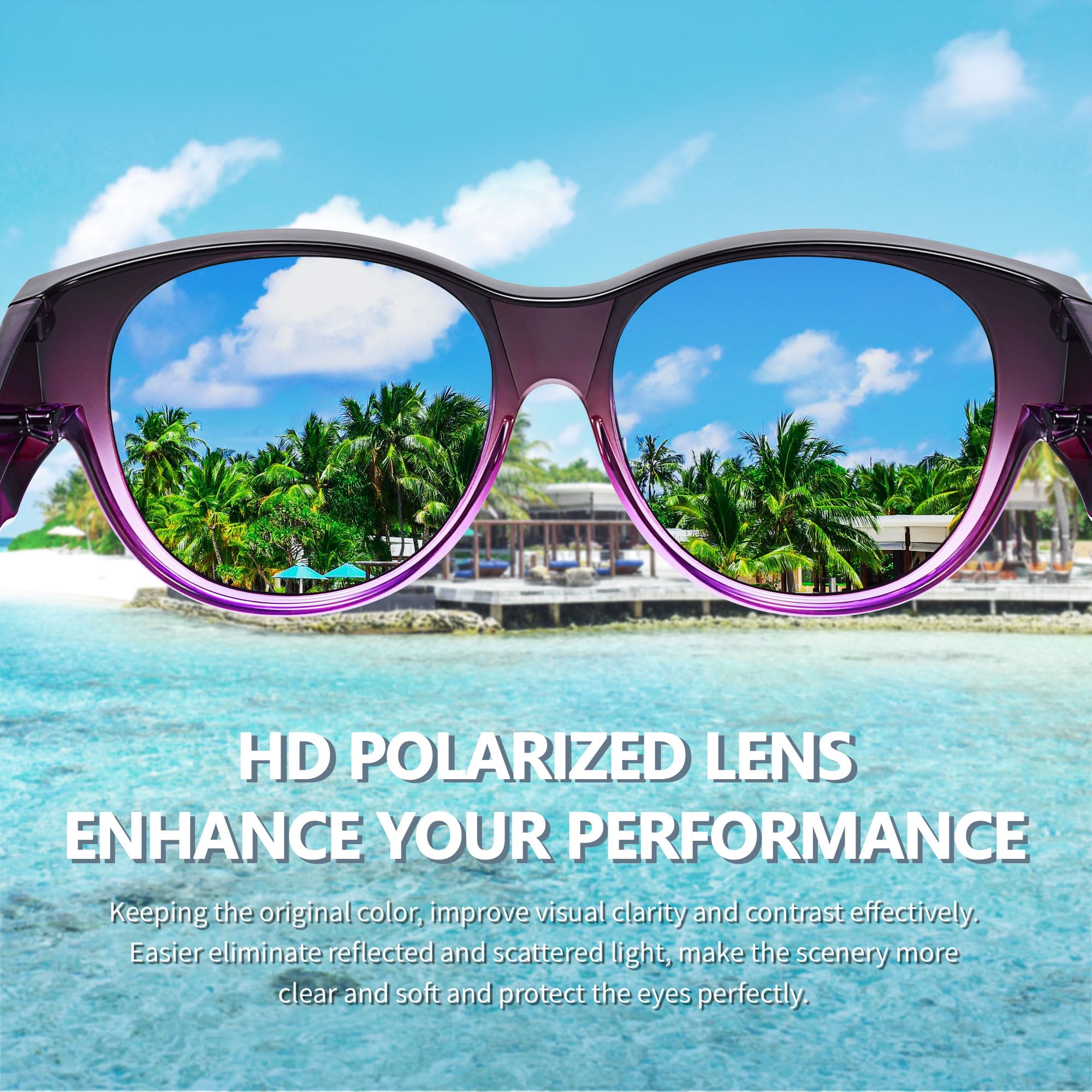 URUMQI Überzieh Sonnenbrille für Brillenträger Damen UV400 Schutz Blendschutz Polarisierte Sonnenbrille Fit over Brille Ultra Leicht Rundes Katzenauge Lila Rahmen