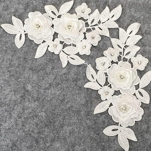 Miniatura 4 de 2 unids 3D flor bordado apliques DIY encaje cuello escote ABS perla Rhinestone encaje tela costura vestidos accesorios
