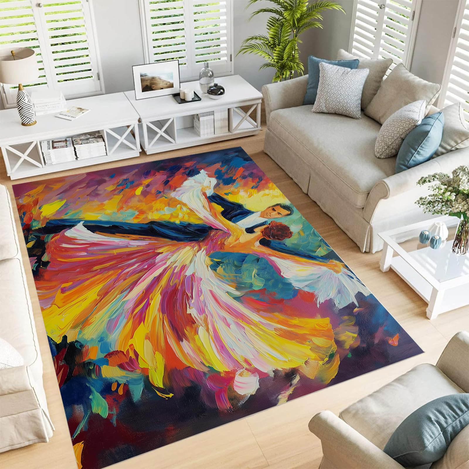Tapis salon impressionniste jaune 150x210 cm lavable en machine pour chambre