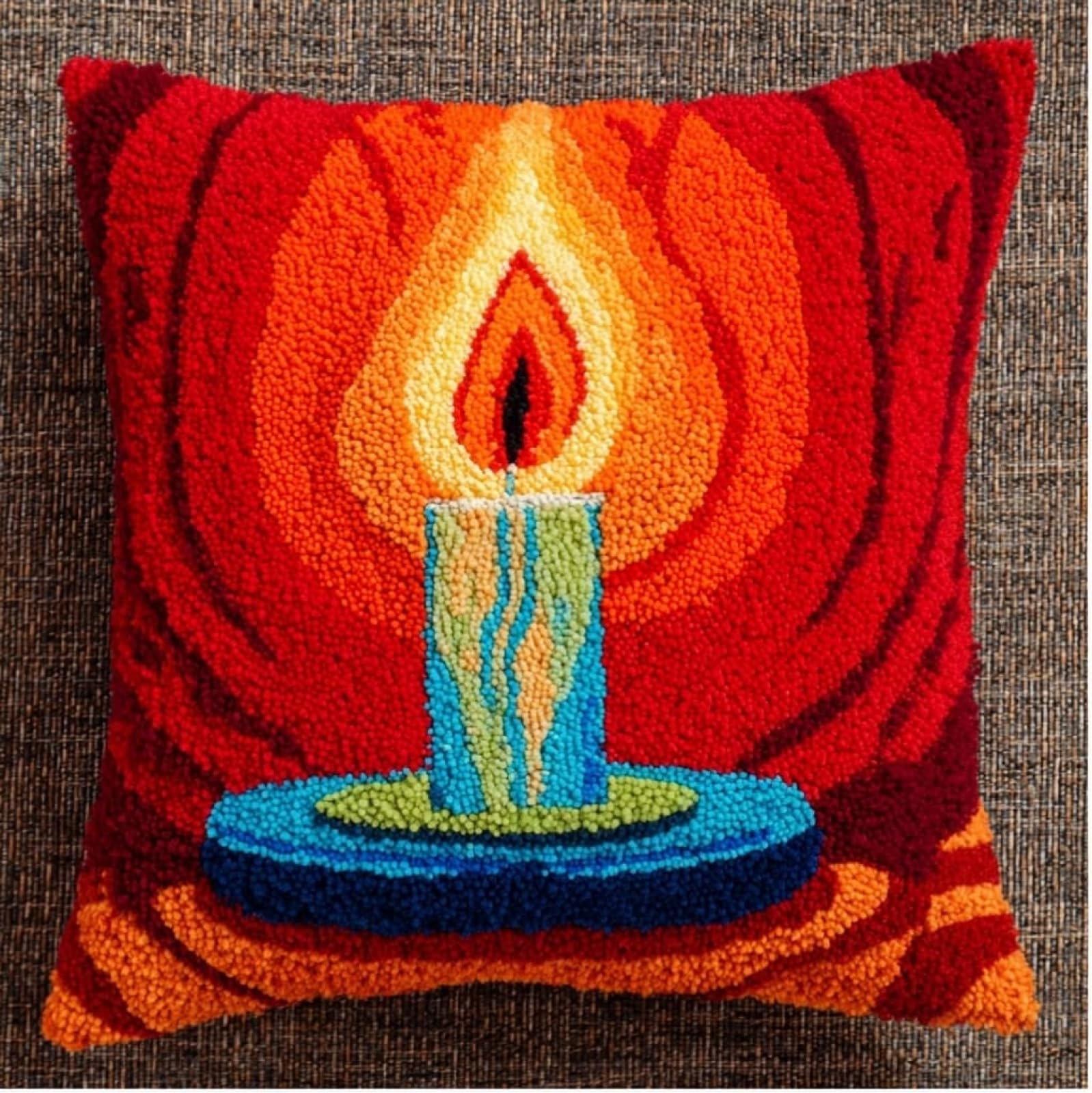 Axiangzik Women's Latch Hook Pillow Kits With Yarn,Christmas Candles Complete Diy Cushion Making Craft Kits,43X43cm Latch Hook Adult Craft Kits For