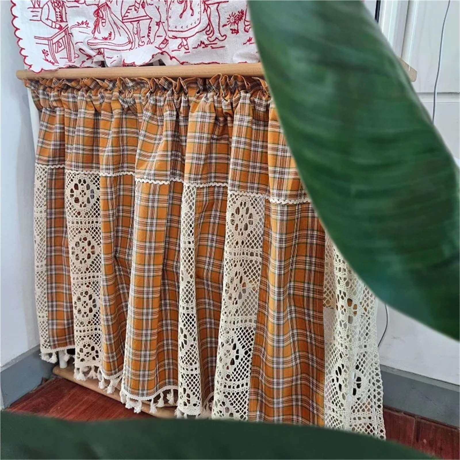 Kurzgardine Kurzer Vorhang aus kariertem Baumwollstoff mit Lochmuster for Küchenschränke, Landhausstil