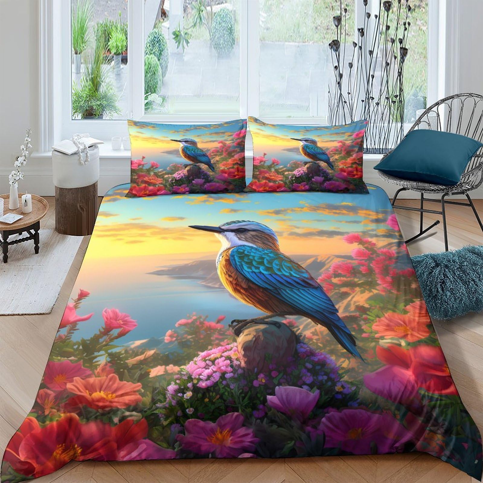 Ctjqhvkz Style-4 3D Printed Kingfisher Sunset Fitted Sheet Microfiber Soft Floral Mattress Cover For Bedroom Dorm Room Decor Single（135X200cm）