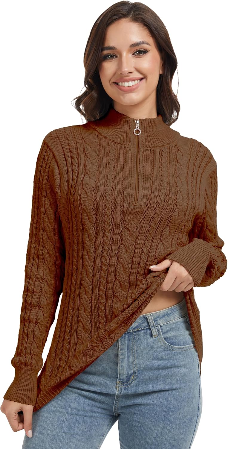 Womens Quarter Zip Sweaters Cable Knit Pullover Chunky Sweater Mock Neck 1/4 Zip Casual Top - Image 2