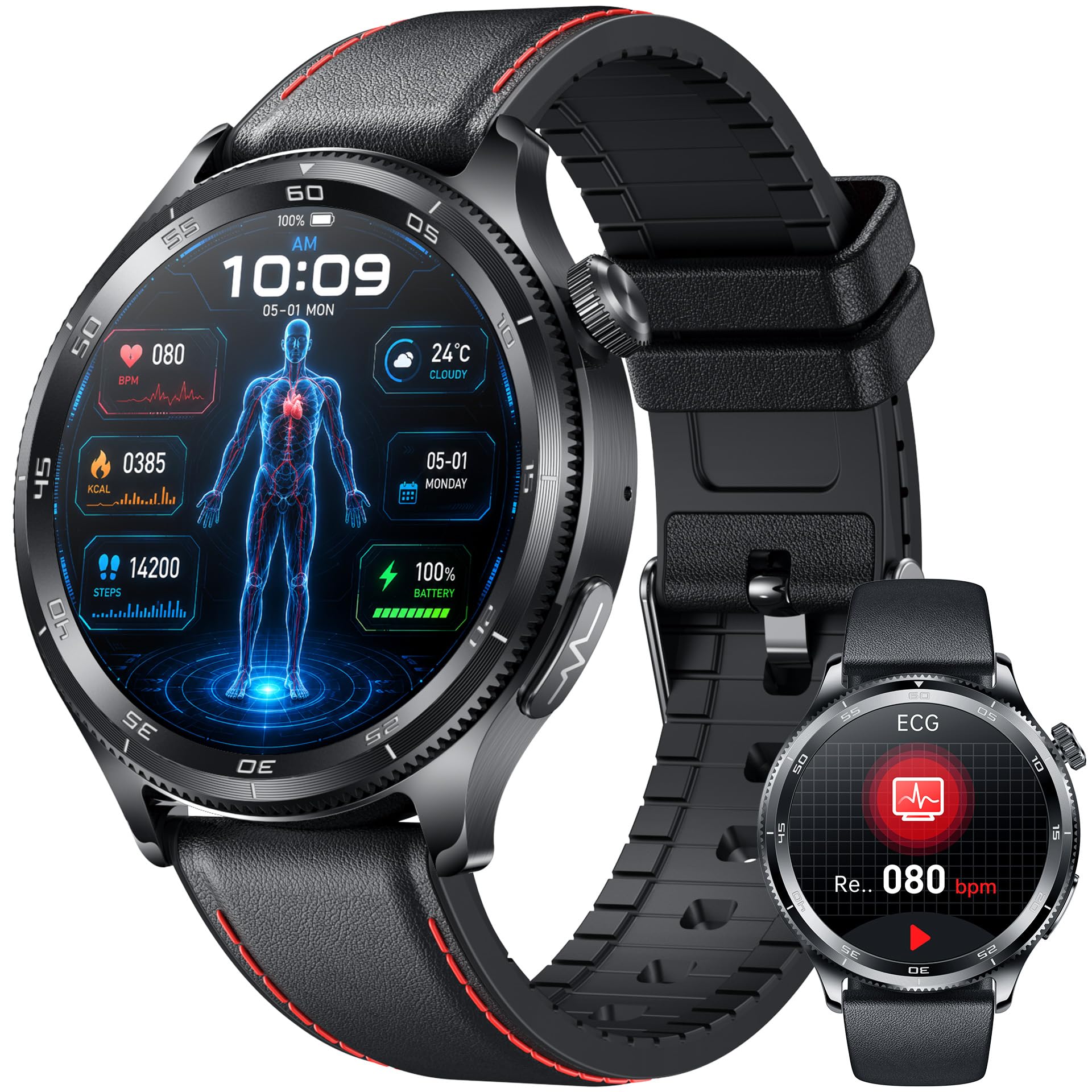 ECG Montre Connectée Homme Smartwatch - HRV MET BMI Repondre Appel Cardiofréquencemètre Tensiomètre SpO2 Sommeil Podomètre IP68 Multisports Santé Fitness Sport 1.43" Montre Intelligente Android iOS