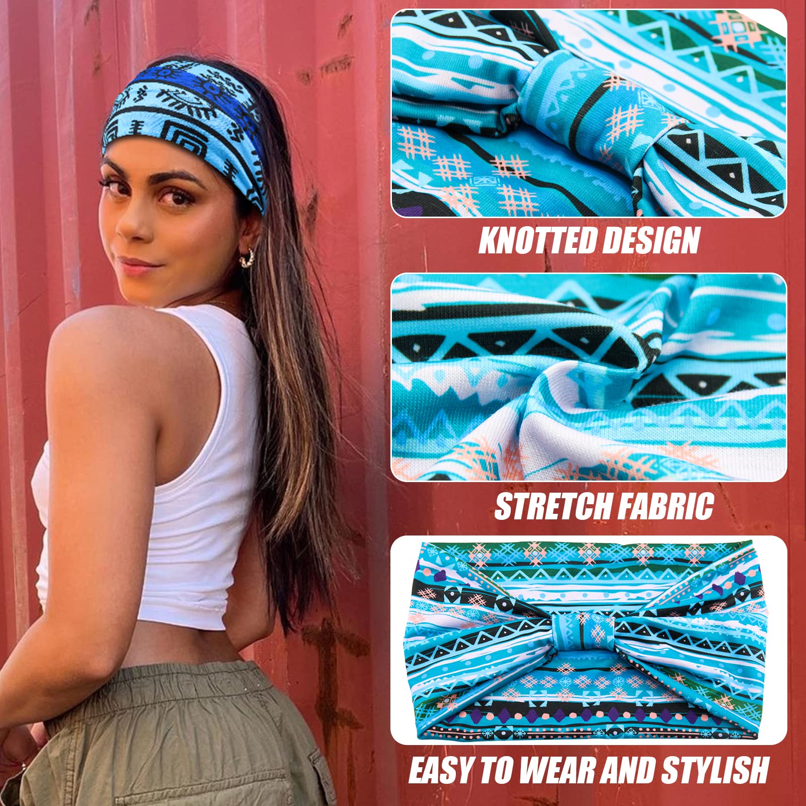 Yeshan Afrykańskie opaski na głowę dla kobiet, szerokie opaski na głowę w stylu boho, wiązane, antypoślizgowe, turban, afrykańskie opaski na głowę, sport, joga, trening, rozciągliwe opaski do włosów,