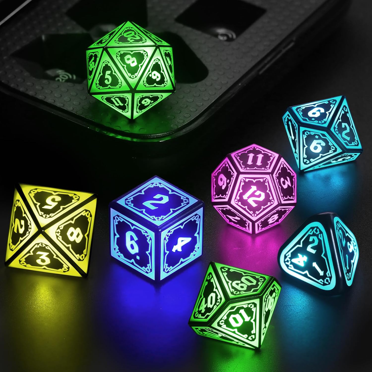 SRING LED DND Dice with Charging Box, Rechargeable Light up Dice Set D and D Dungeons and Dragons LED Polyhedral Dice for Role Playing Gaming RGB Ttrpg (A-7 Color)