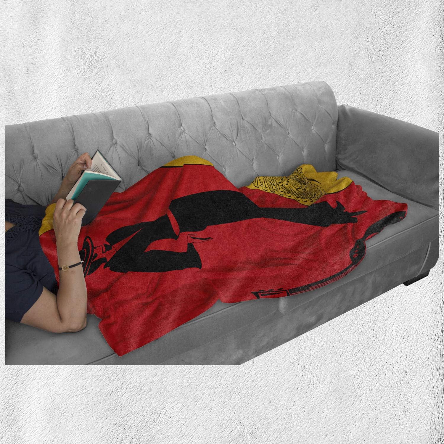 Lunarable Art Throw Blanket, Spanish Dancer Silhouettes with Man and Woman in Traditional Clothing, Flannel Fleece Accent Piece Soft Couch Cover for Adults, 50" x 70", Marigold Vermilion Black