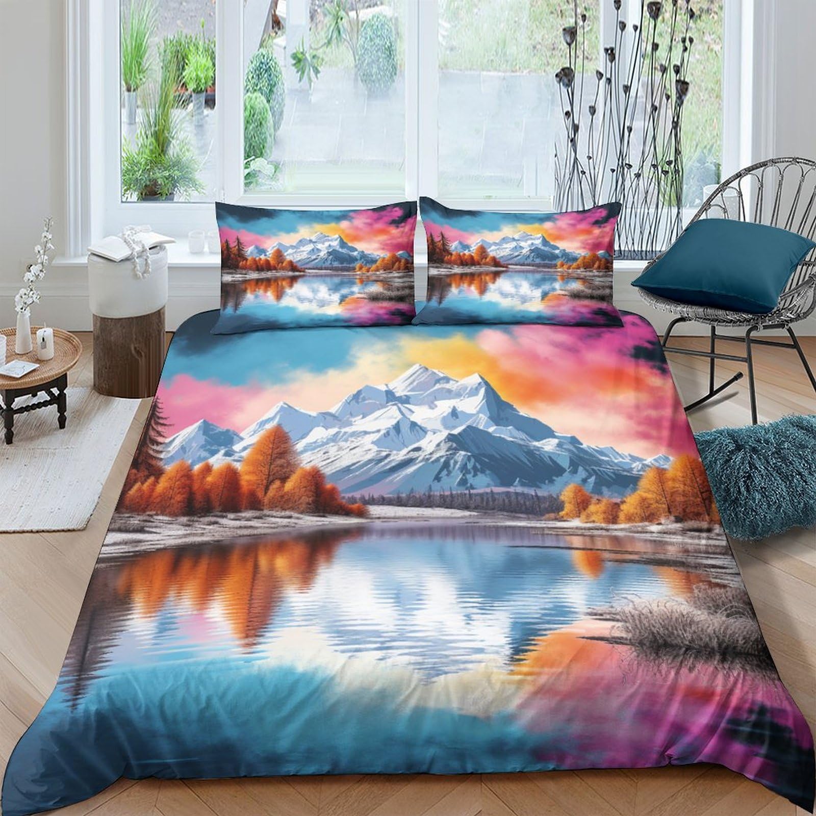 Parure de lit couette 200x200 montagne enneigée ado et enfant ensemble 3 pièces
