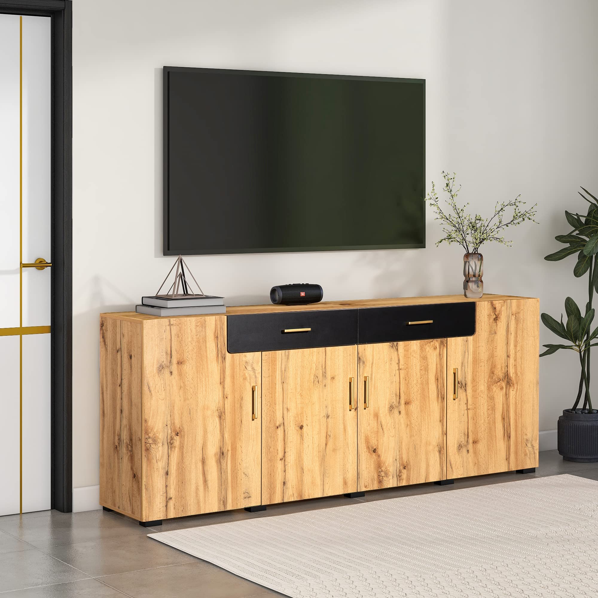 Merax Sideboard Kommode mit 2 Schubladen&4 Schränken, Sideboard Holz Küchenschrank Buffet Beistelltisch mit Griffen, Farmhouse Design, Braun/208 x 39.5 x 80CM