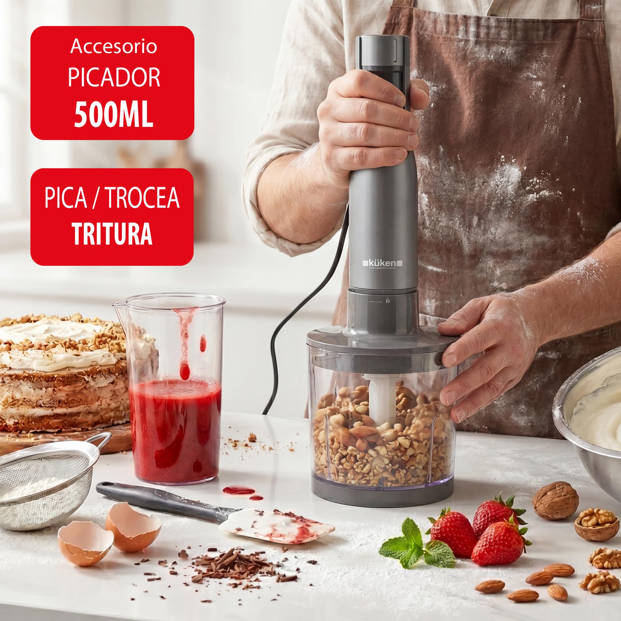 KUKEN Batidora De Mano 1000W Con Accesorios, Minipimer Profesional Con 9 Velocidades, Batidora Brazo Inox Con Pantalla LCD, Picadora, Varillas Y Vaso Graduado