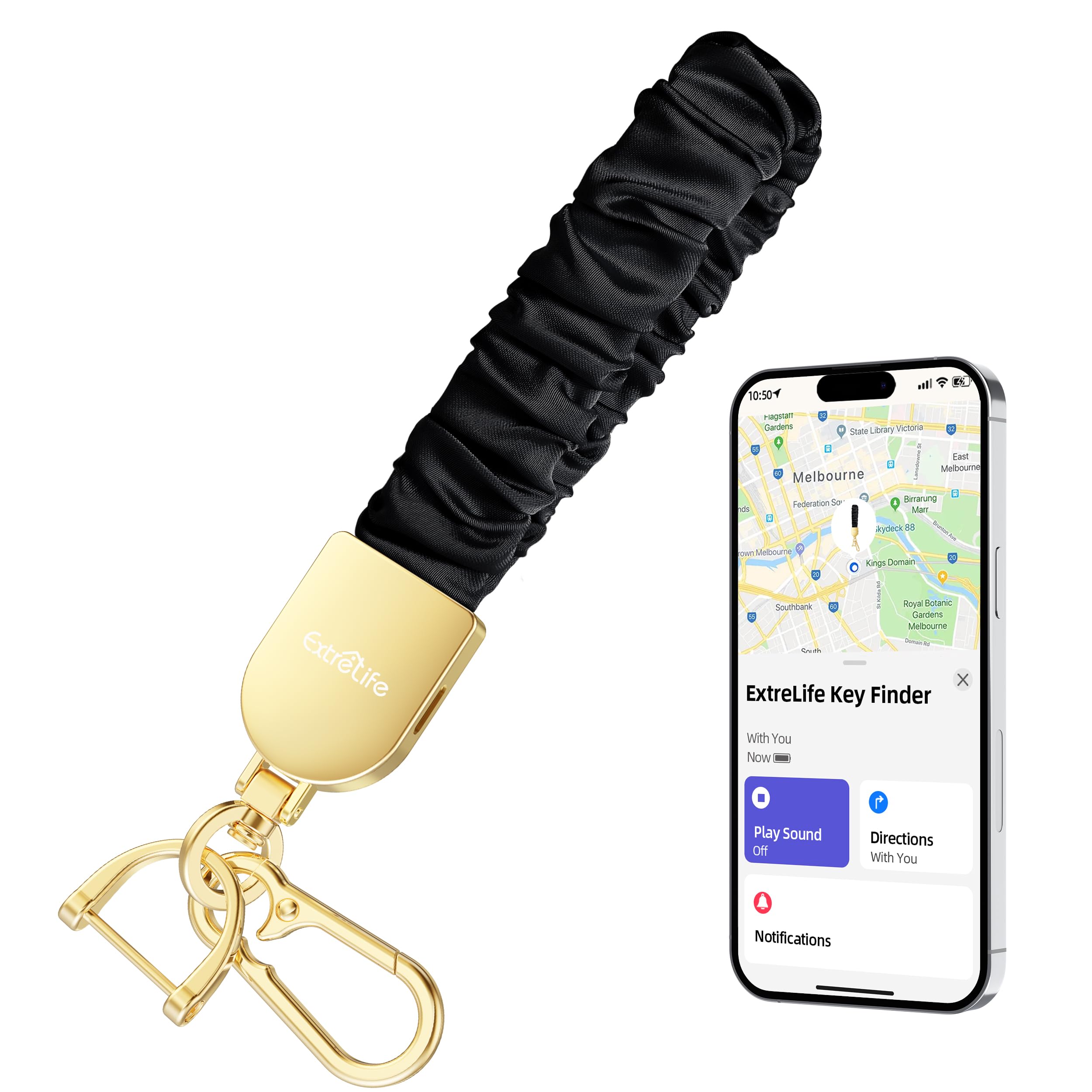 Portachiavi da polso, funziona con Apple Find My, elastico elastico per donne e uomini, portachiavi per auto con localizzatore GPS, cercatore di chiavi intelligenti, ricaricabile, nero e oro