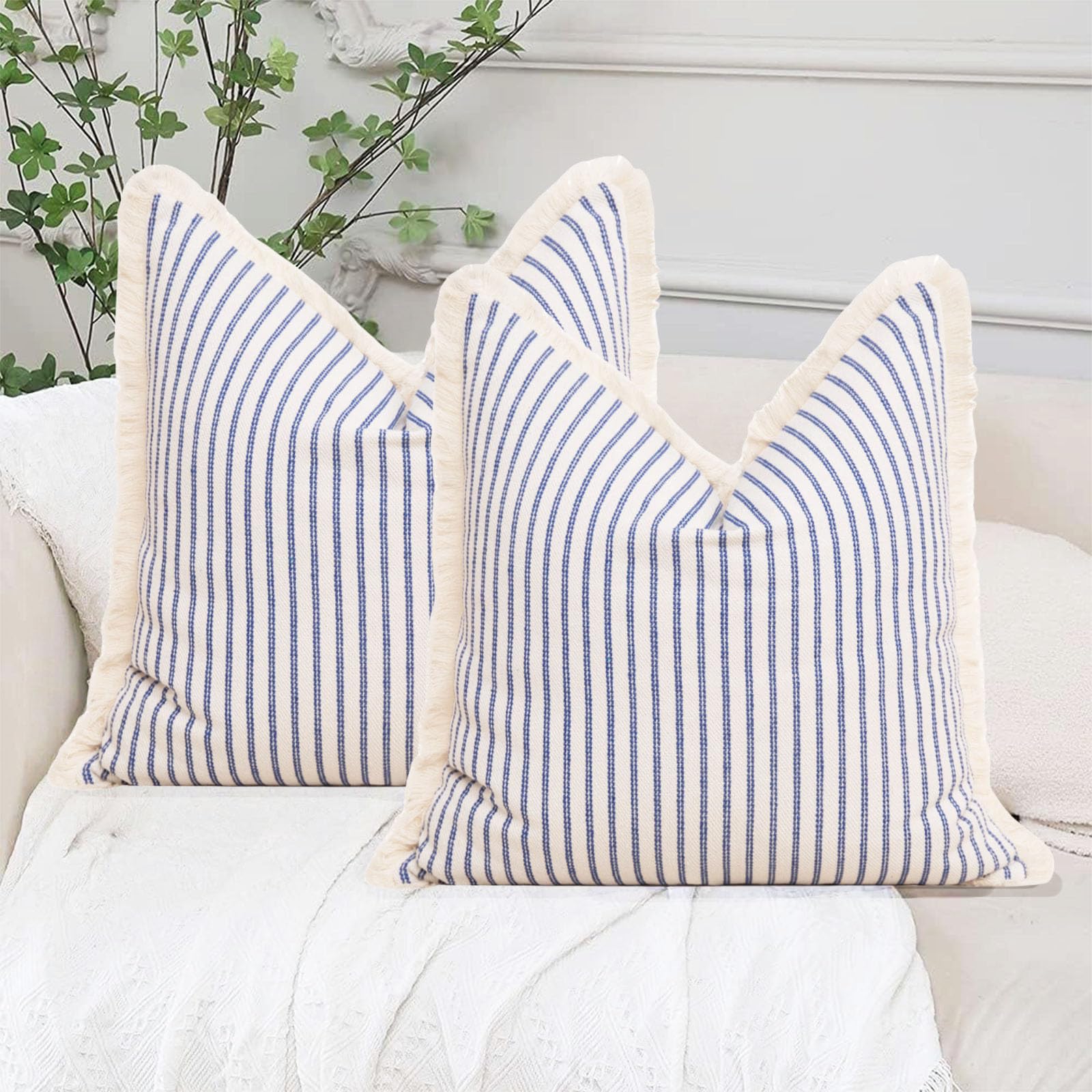 Striped Farmhouse Throw Pillow Covers 18x18 Inch Set of 2 Boho Pillow Cover Cotton Neutral Pillow with Tassel Fringe for Sofa Couch Bed Living Room