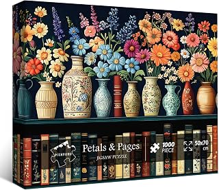 PICKFORU 1000 Piece Wildflower Book Jigsaw Puzzle for Adults - Vintage Floral Bookshelf Library Puzzle for Book Lovers