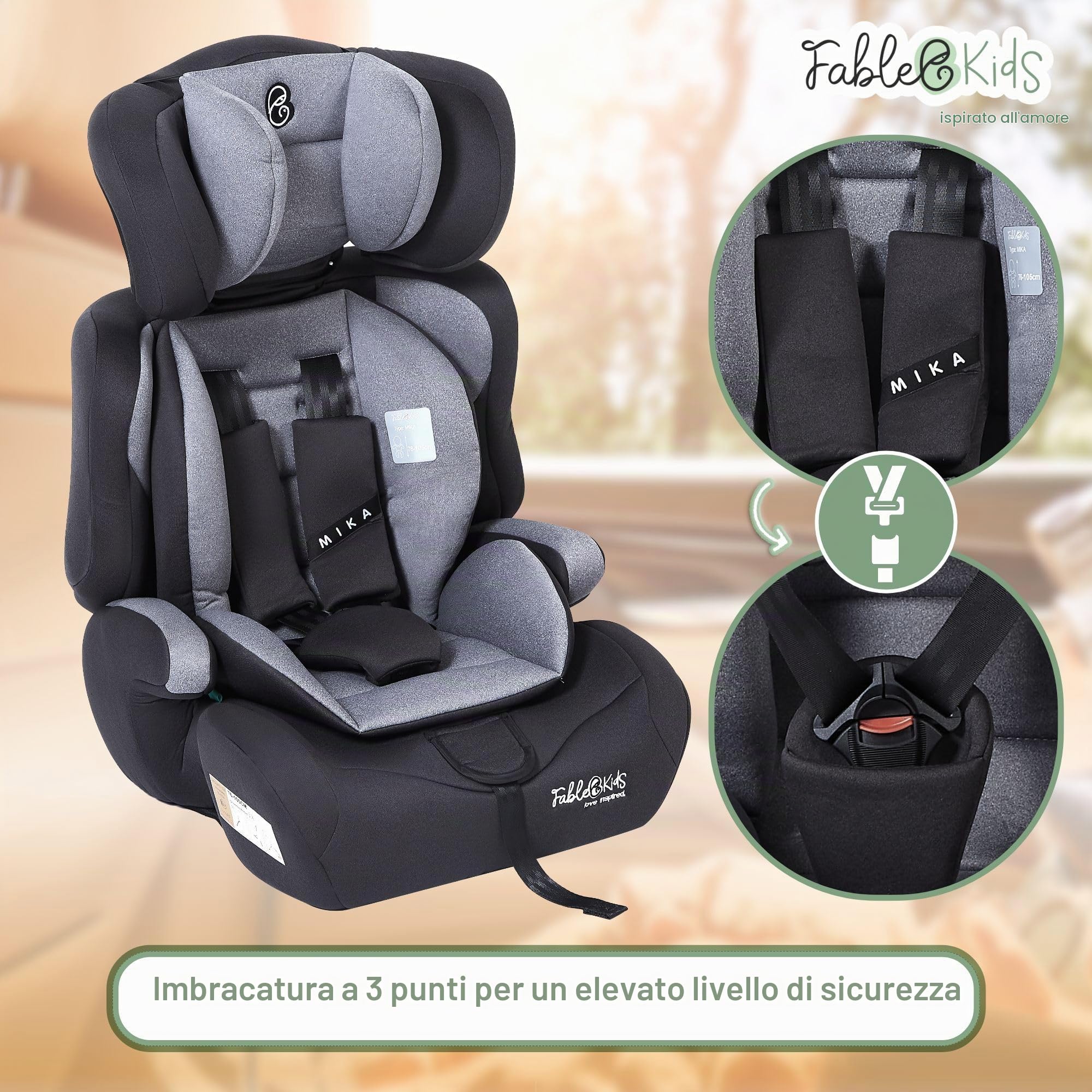 FableKids seggiolino auto per bambini | cintura di sicurezza a 3 punti | Seggiolino auto per bambini 76-150 cm | seggiolino regolabile con poggiatesta | ECE R129 | Grigio