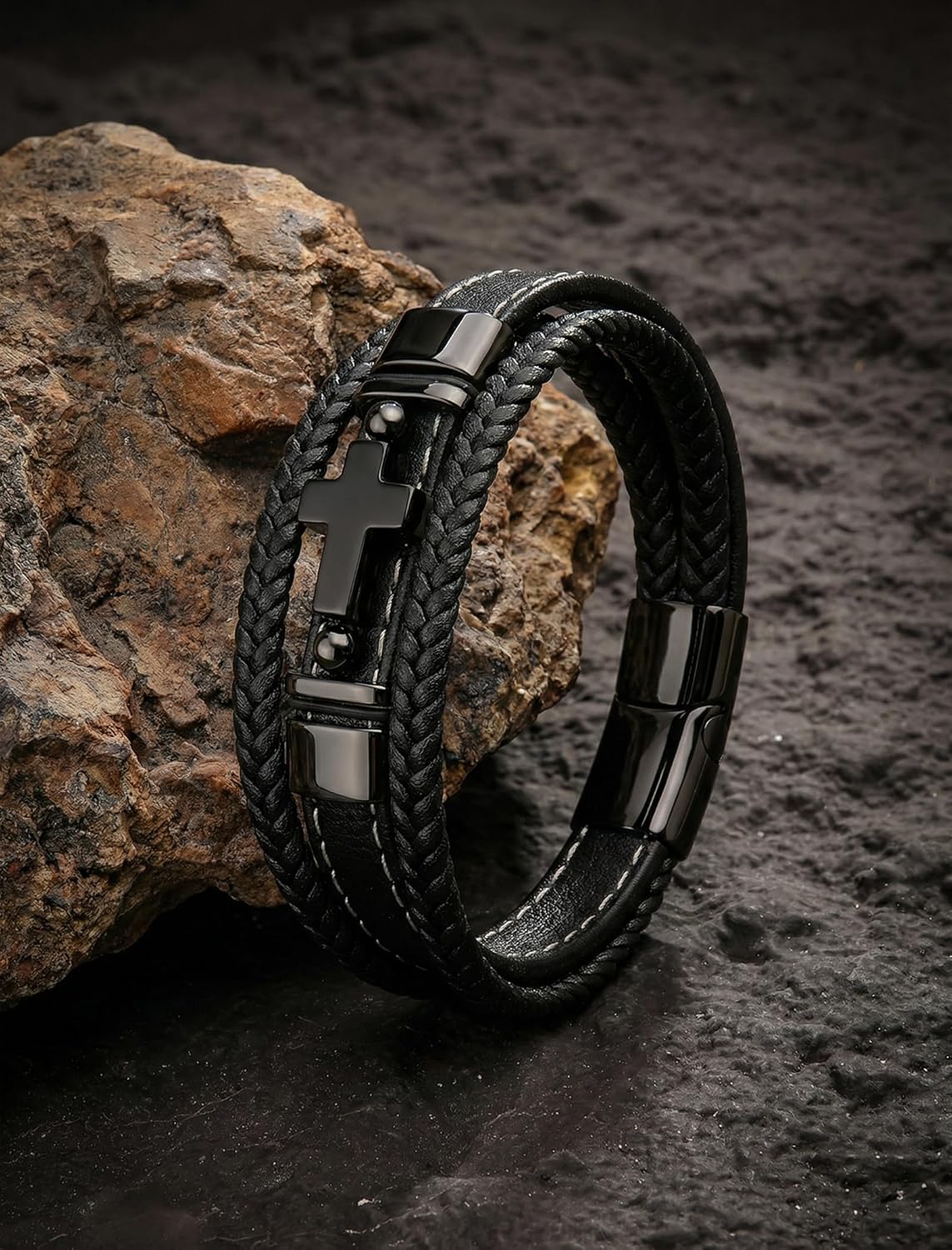 Mens Leather Bracelet, Cross Leather Wristband - Genuine Leather, Stainless Steel & Tiger Eye Stone - Christian Faith Jewelry for Men, Husband, Father - Secure Clasp