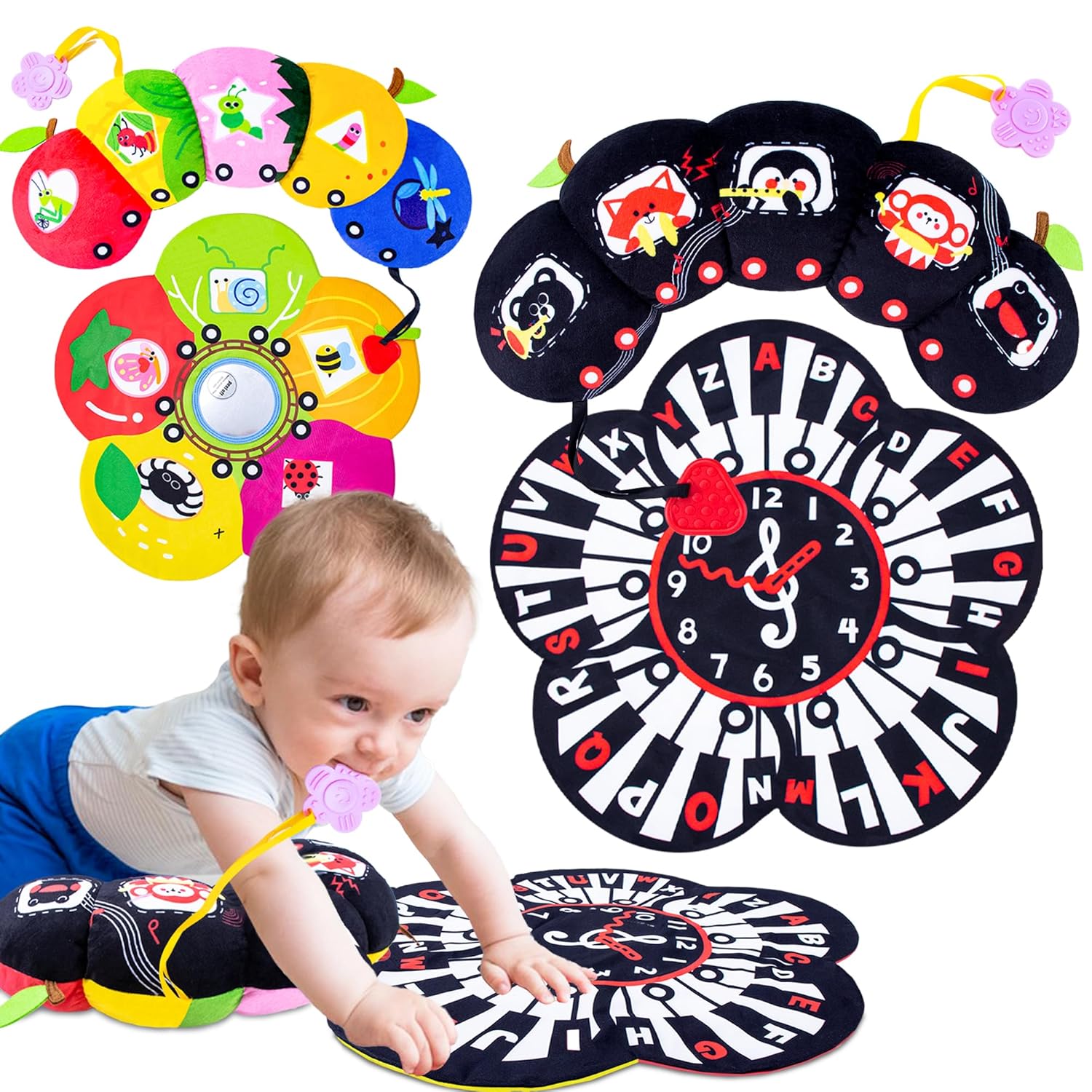 teytoy Tummy Time Pillow, Baby Mirror Toys with Crinkle Mat & Teethers