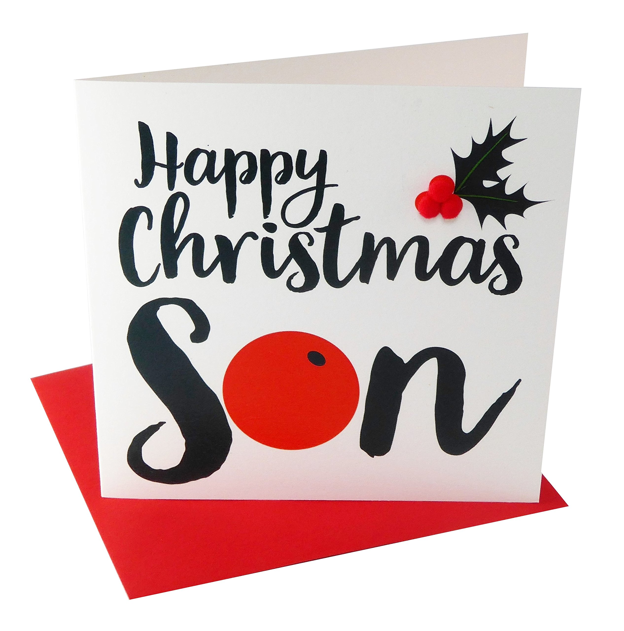 Claire Giles Greeting Cards, Happy Christmas Son Card, Big Berry design xmas Greeting Card, Embellished with colourful Pompoms