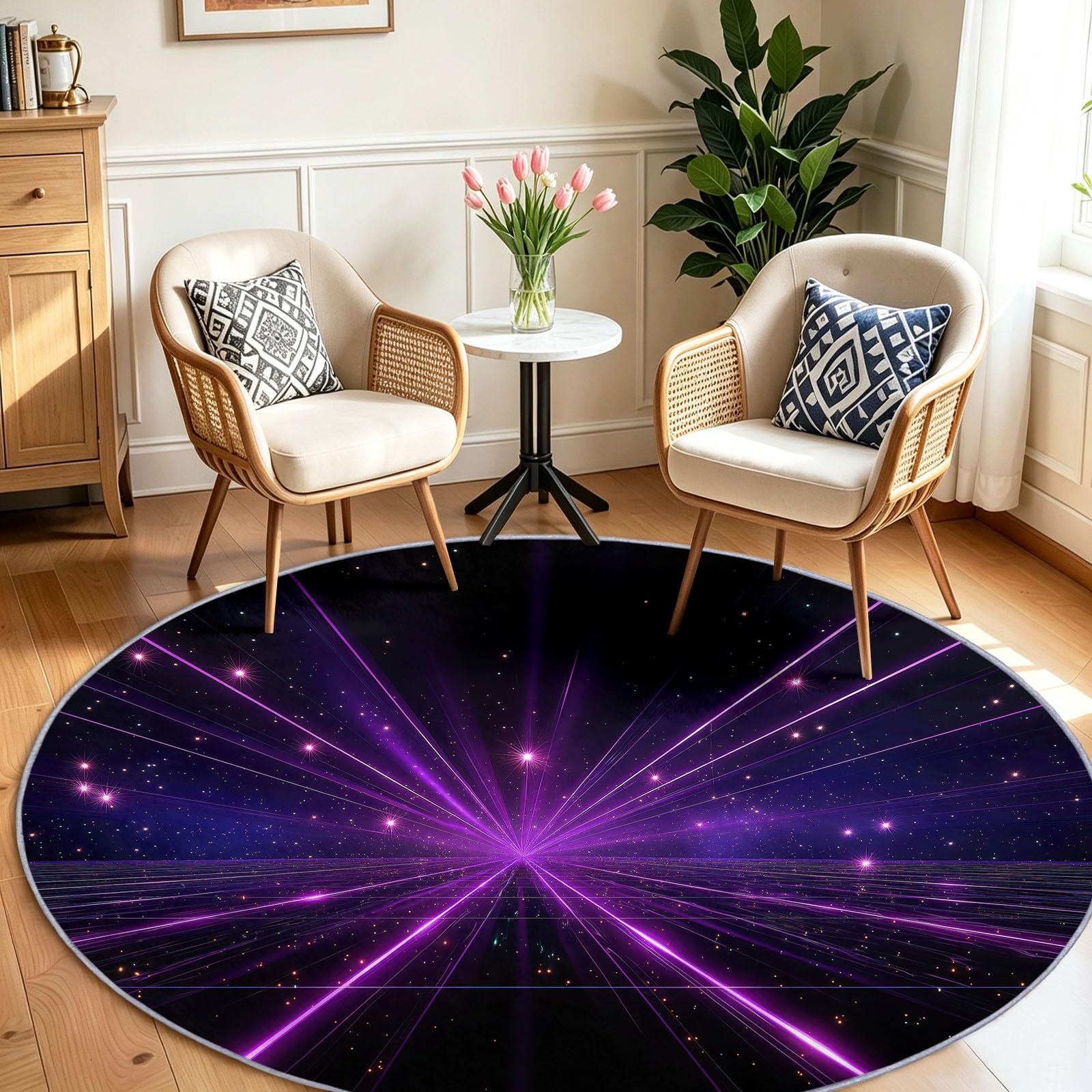 Générique Tapis Enfant Rond Chambre d'enfant Filles Garçons, Surrealisme Tapis Rond Lavable & Antidérapant pour Salon Chambre Cuisine Salle à Manger Chambre (120 cm, Espace 3D Rayons Lumineux)