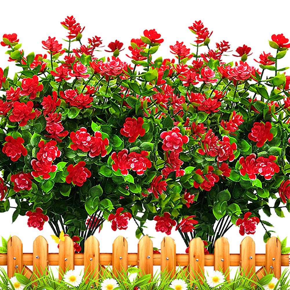 Grunyia Artificial Flowers Outdoors Fake uv Resistant Plastic Plants, 8 Bundles（Red）
