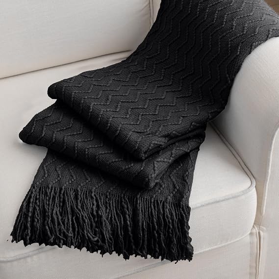 BATTILO HOME Black Throw Blanket for Couch, Boho Black Throws for Home Decor, Soft Throw Blankets for Bedroom Decor Housewarming Gifts, 50x60