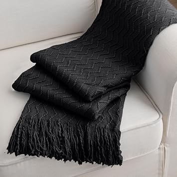 BATTILO HOME Black Throw Blanket for Couch, Boho Black Throws for Home Decor, Soft Throw Blankets for Bedroom Decor Housewarming Gifts, 50x60