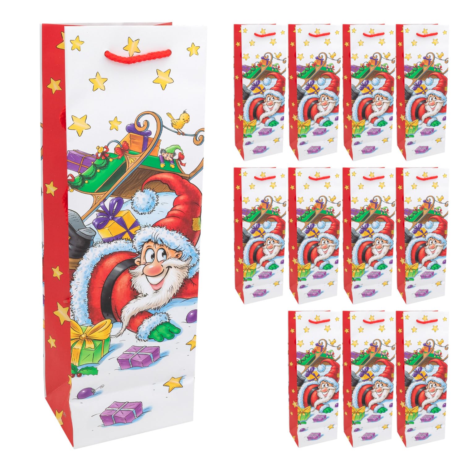 Idena 30346-12 - Torba na butelkę Santa, 12 sztuk, 12 x 36 x 9 cm, torby papierowe, torby na prezenty, torby świąteczne