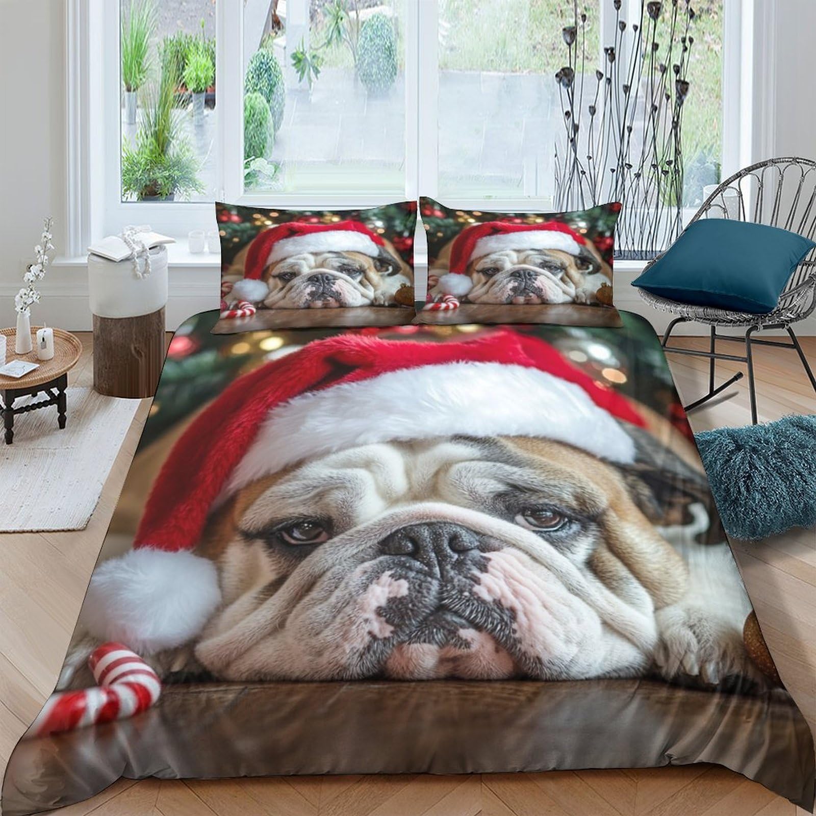 Ctjqhvkz Style-10 3D Printed Christmas Bulldog Fitted Sheet Microfiber Soft Red Santa Hat Bed Cover For Bedroom Guest Room Decor Single（135X200cm）