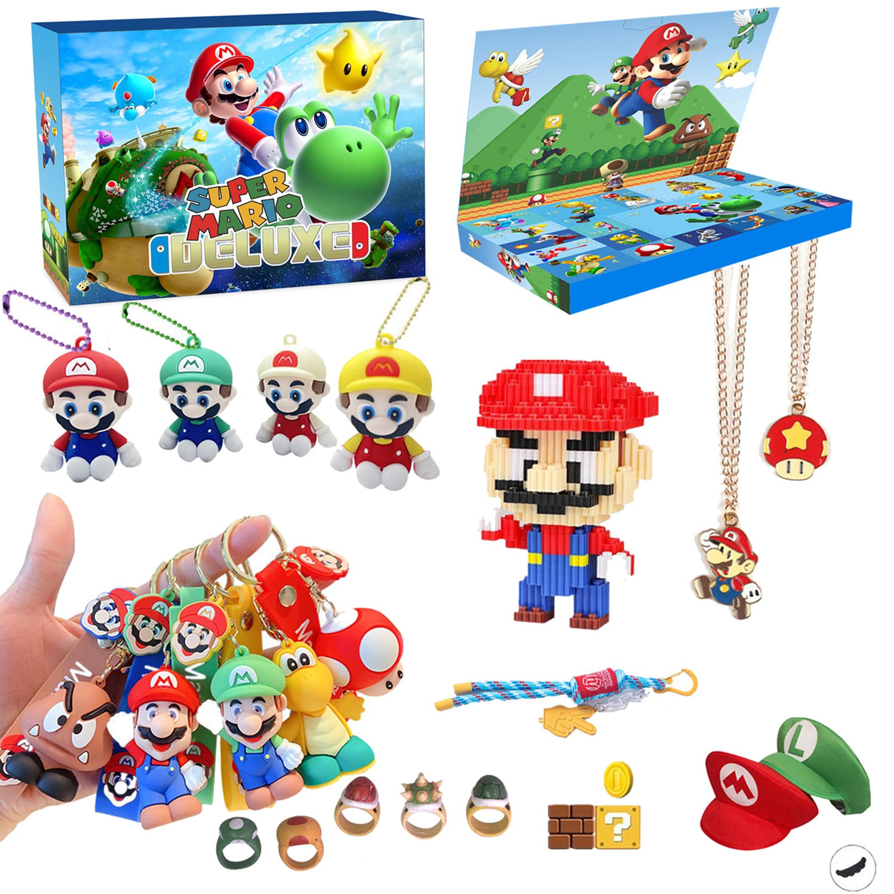 MUMOO BEAR Christmas Blind Box, Includes Cartoon Figures, Keychains, Rings and Accessories for Party Toy Ornaments Decoration, Xmas Countdown Advent Calendar Gift for Girls, Boys & Kids (Super Mario)