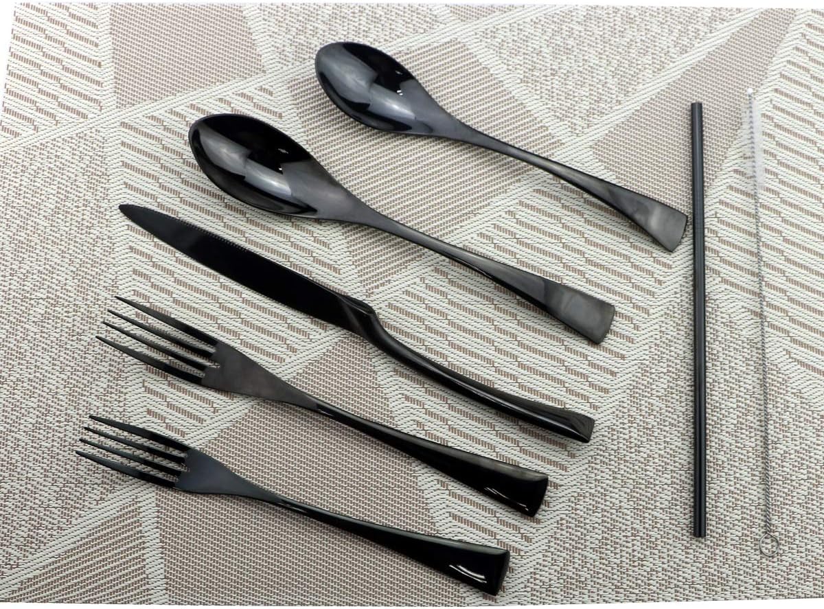 Gugrida 24-Piece Luxury 18/10 Stainless Steel Flatware Set Drinking Straws Mirror Poblishing Black Silverware Set w/Cleaning Brush Pouch for Tumblers Cups Mugs Yeti Rambler Rtic Ozark Trail