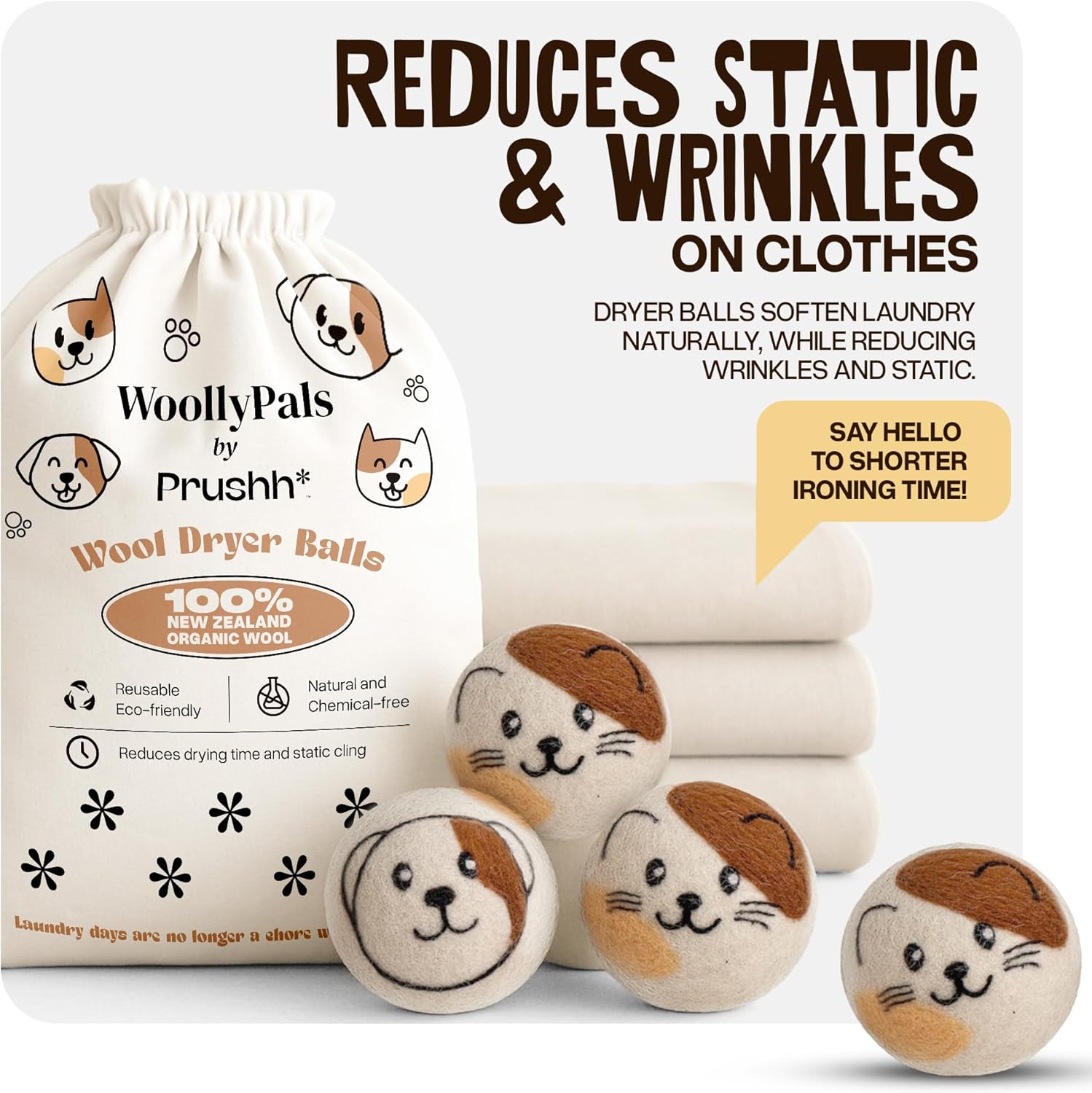 WoollyPals Wool Dryer Balls (6-Pack, XL Size)- 100% New Zealand Organic Wool - Sustainable & Eco-Friendly - Dry 1,000 Loads, Replaces Dryer Sheets, Reduces Static Cling, Reusable (Multi Colour)