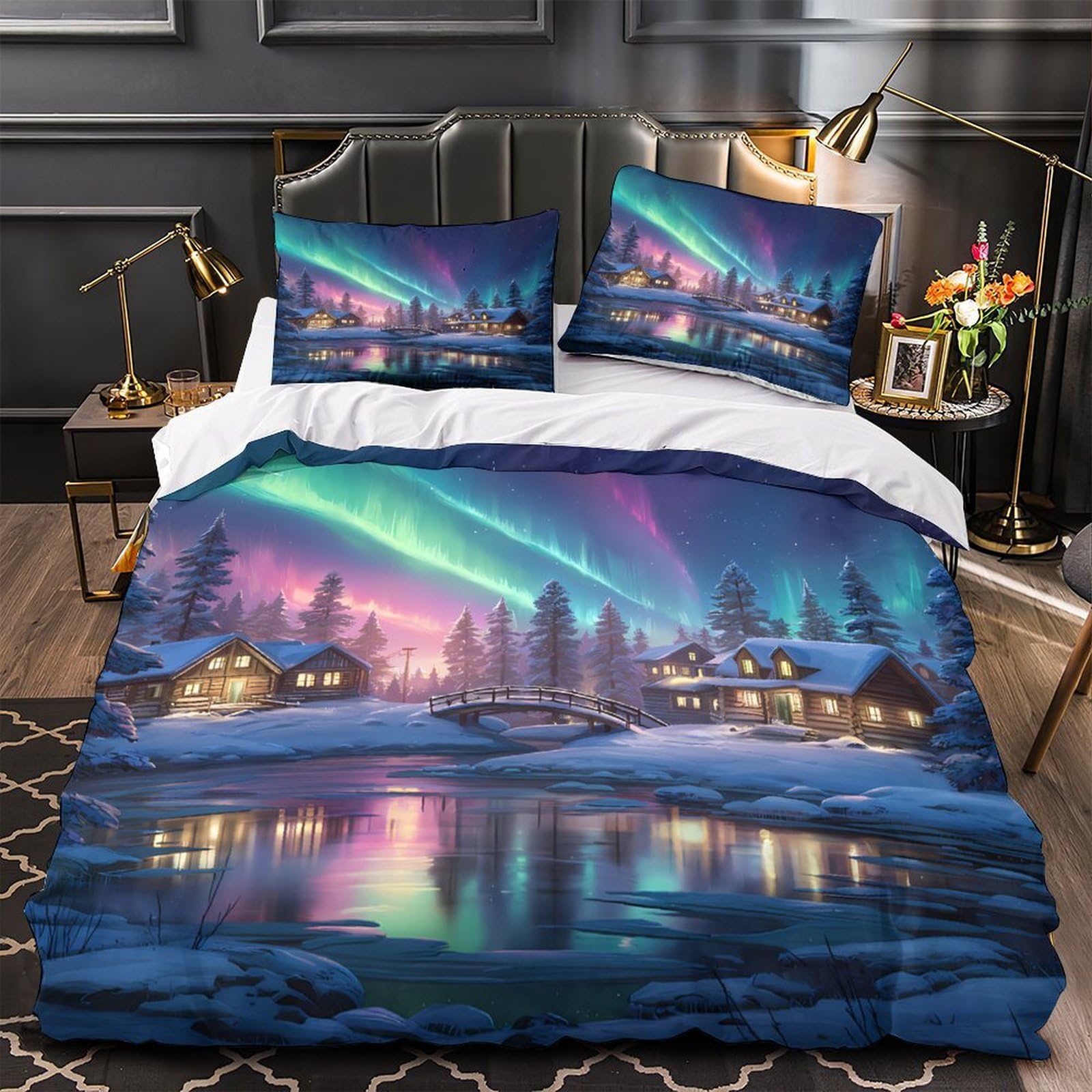 MMDASBVPE Northern Lights Scene Duvet Cover 3D Print Super Soft 3 Piece Bed Set Zipper Closure Comforter Cover Durable Anti-allergic for Kids Adults Women Teens Youth Teenagers Super king（260x220cm）